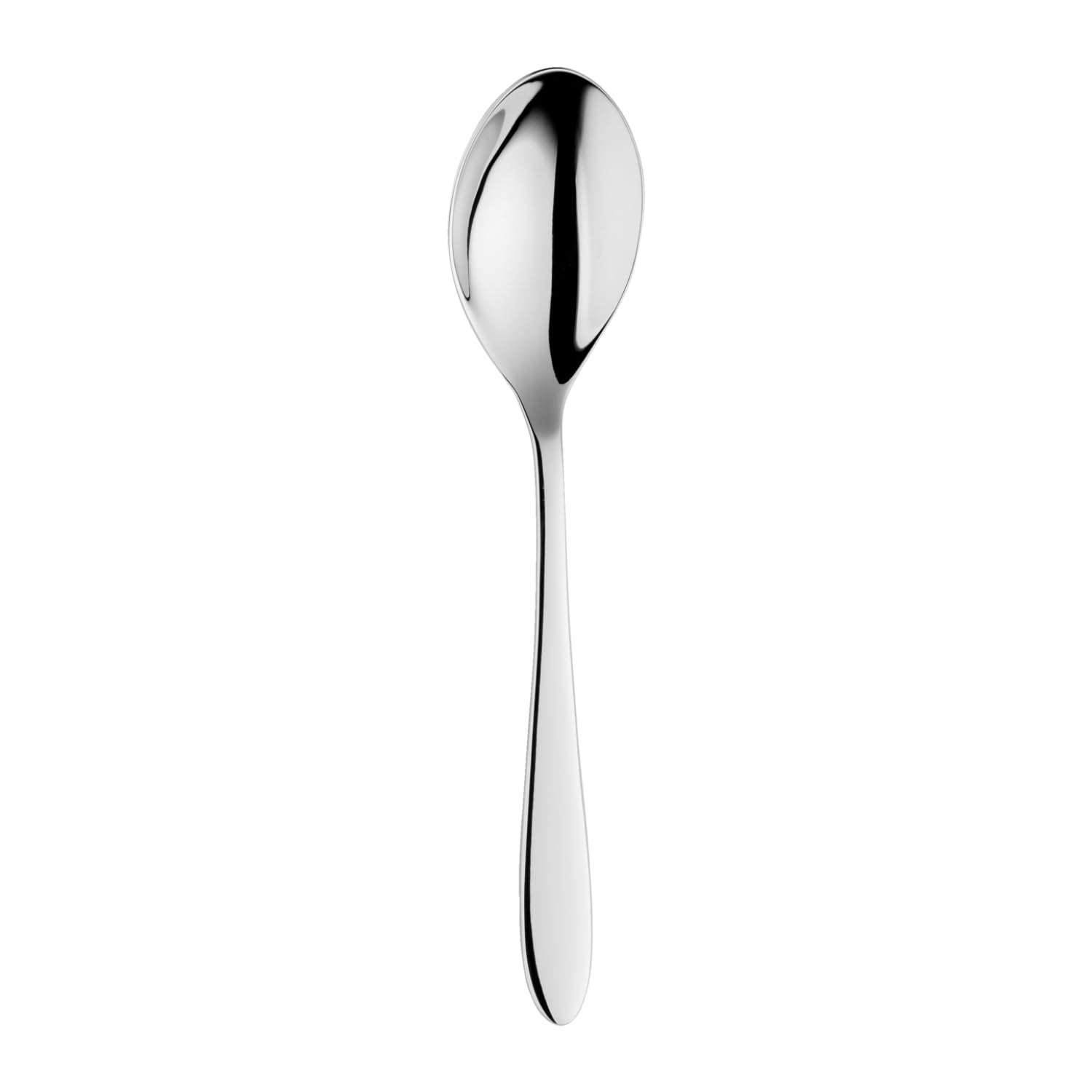 Une seule cuillère en argent poli sur fond blanc.