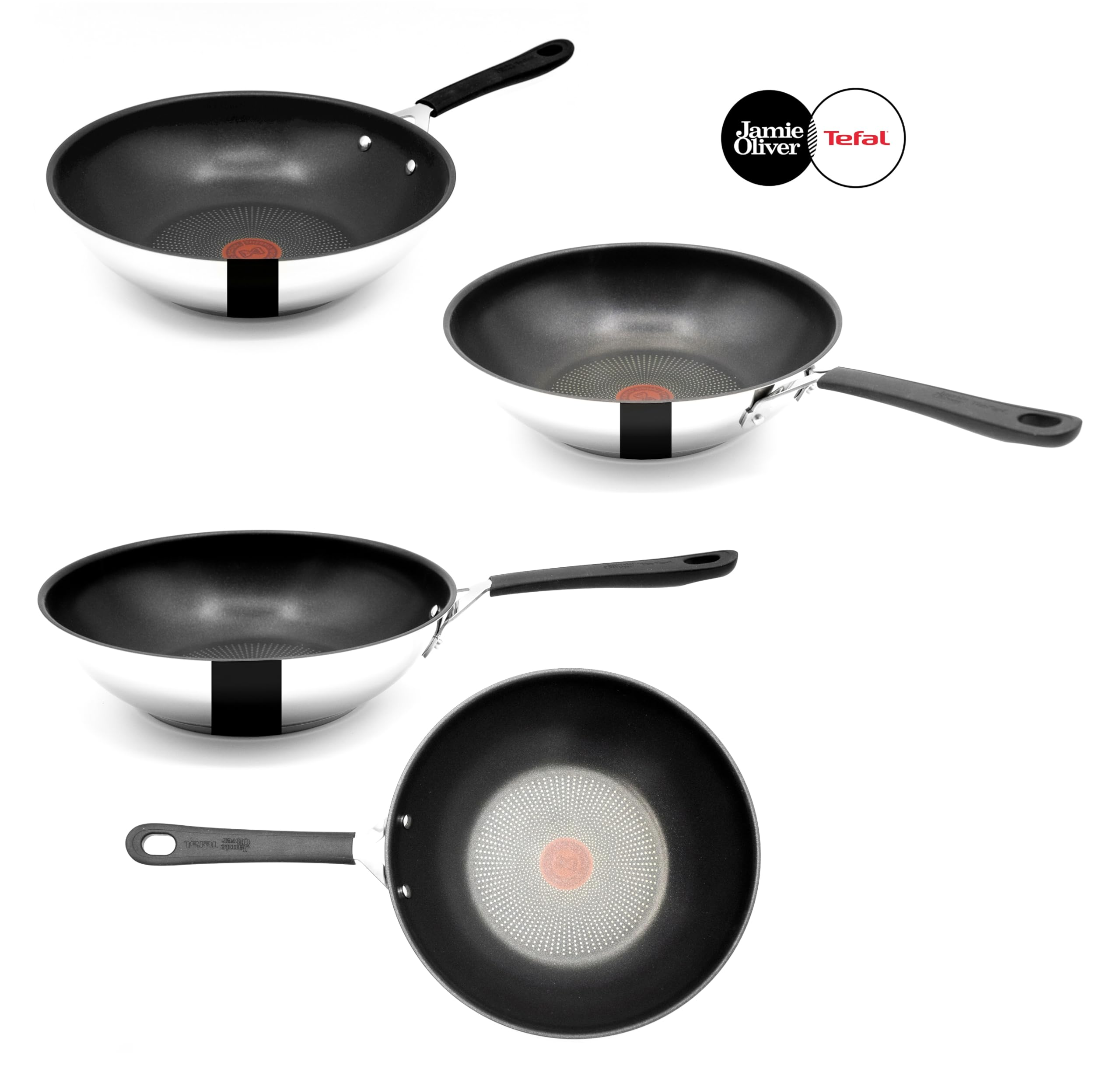 Vier verschiedene Ansichten von Jamie Oliver Tefal Wok-Pfannen mit Edelstahlgehäuse und schwarzem Griff.