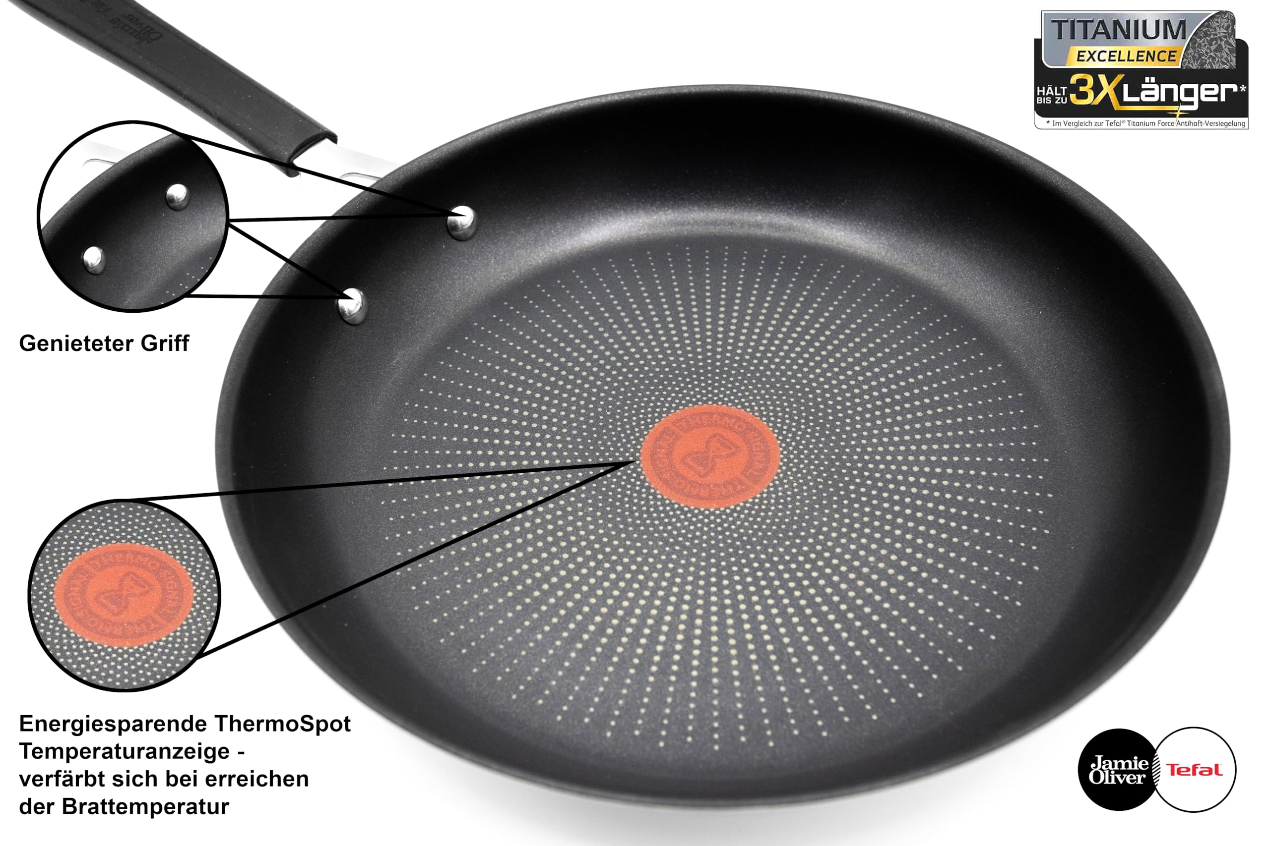 Schwarze Bratpfanne mit genietetem Griff und rotem Thermo-Spot in der Mitte auf weißem Hintergrund.