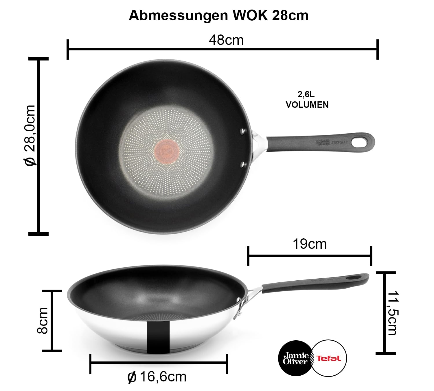 Technische Zeichnung mit den Maßen einer 28cm Tefal Jamie Oliver Wokpfanne aus Ober- und Seitenansicht mit Maßangaben.