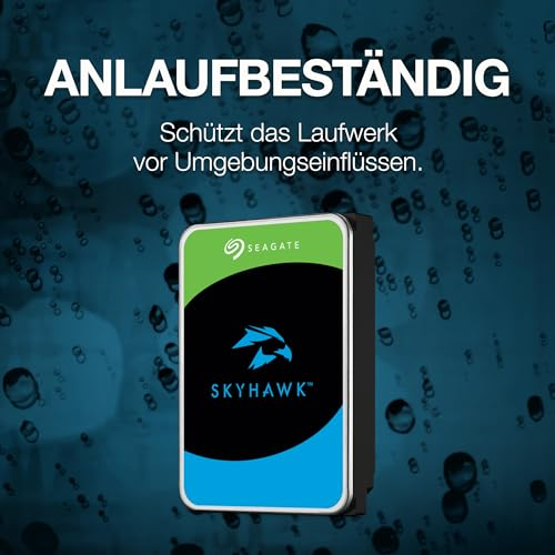 Hard disk Seagate SkyHawk su sfondo blu con gocce d'acqua e testo promozionale in tedesco.