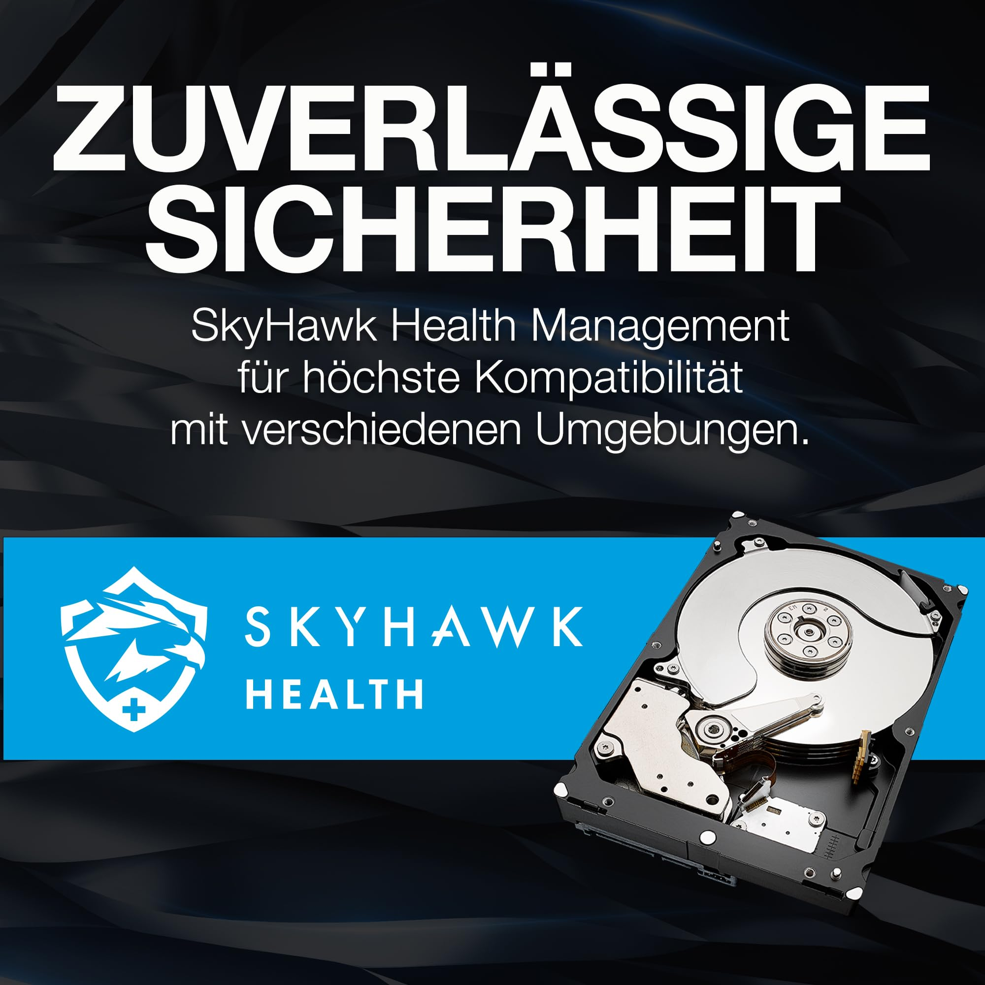 Hard disk su sfondo blu e nero con testo e logo SkyHawk Health.