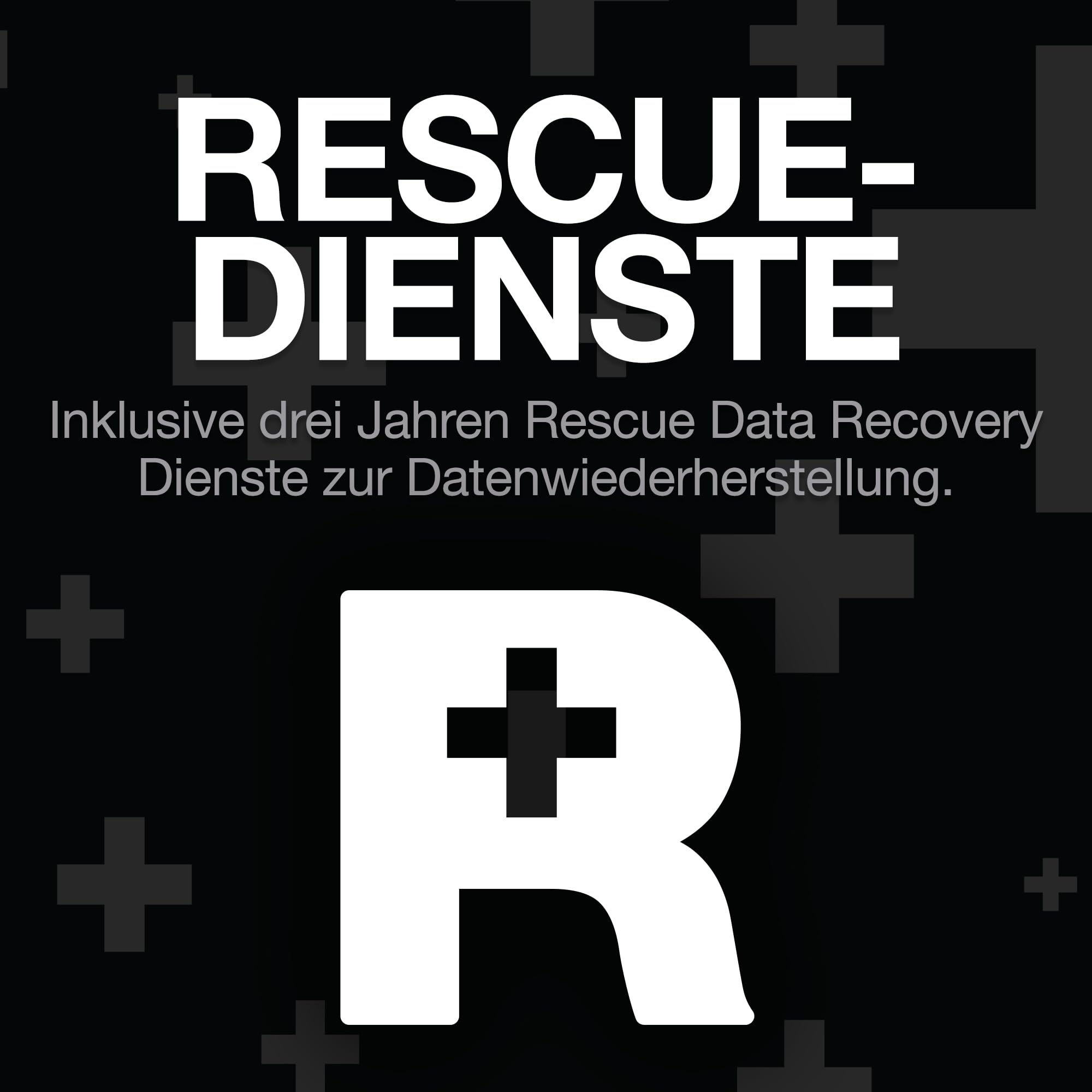 Sfondo nero con testo bianco RESCUE-DIENSTE e una grande lettera R bianca con una croce.