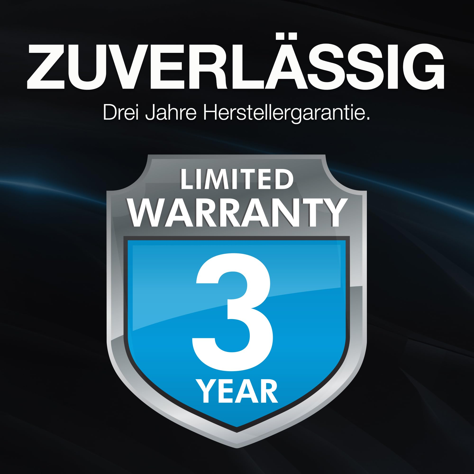 Grafica a scudo con LIMITED WARRANTY e un grande 3 YEAR bianco su sfondo blu e argento.