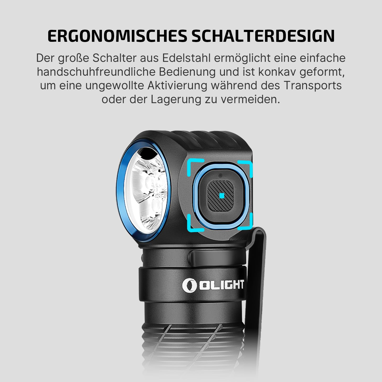 Primo piano di una torcia nera Olight con interruttore ergonomico e ghiera blu intorno al riflettore.