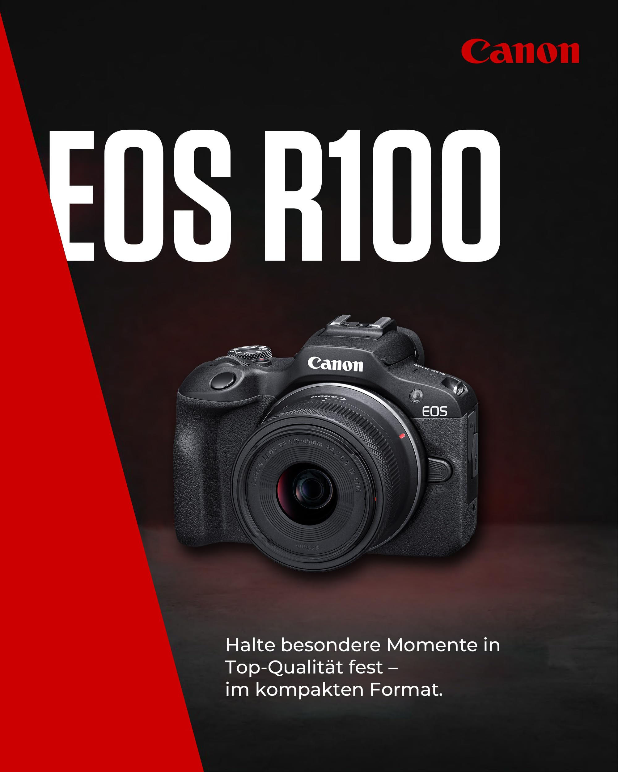 Un appareil photo Canon EOS R100 sur fond sombre avec une bande rouge et du texte blanc.
