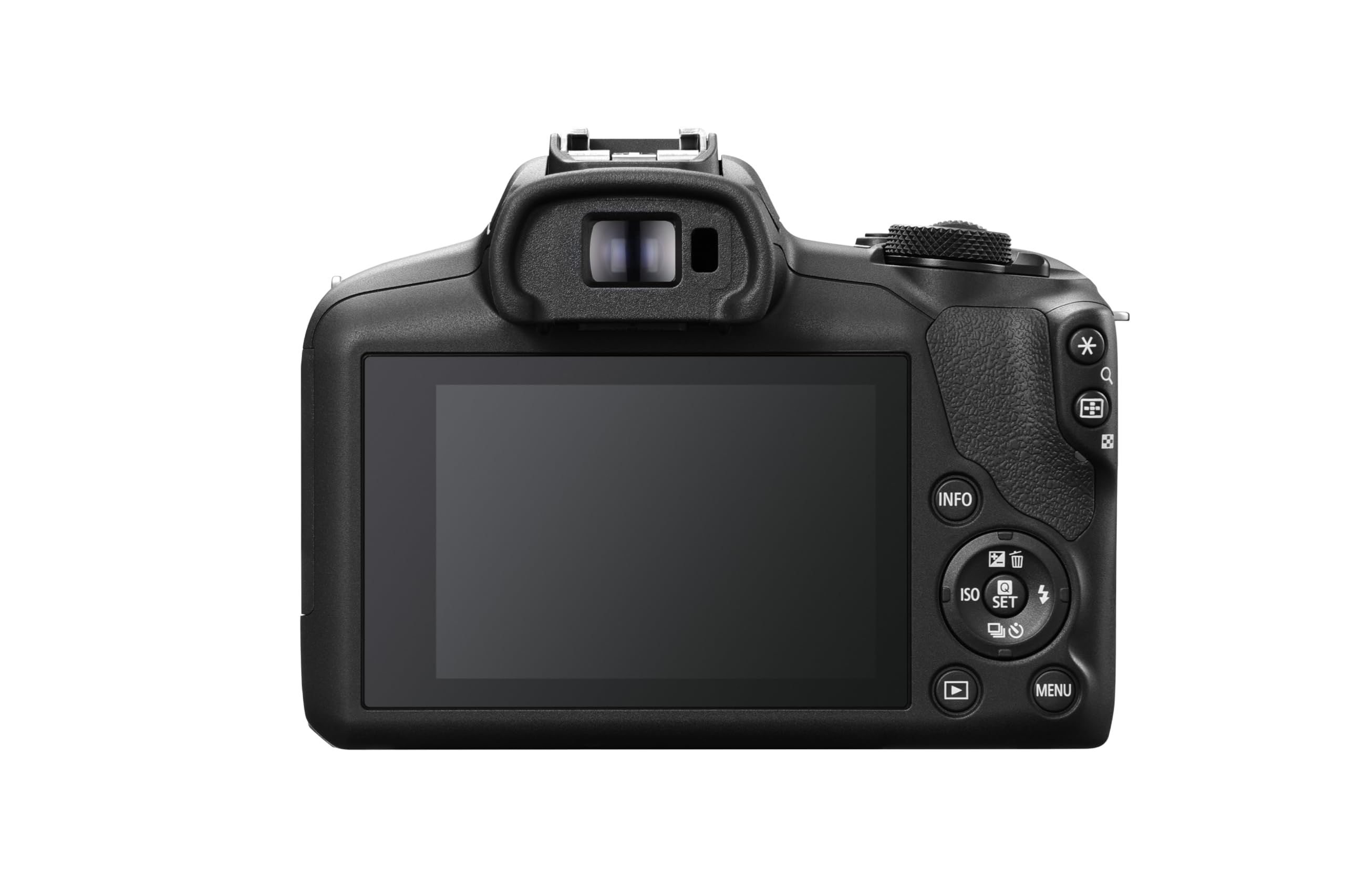 Vue arrière d'un appareil photo reflex noir avec écran LCD et boutons de commande.