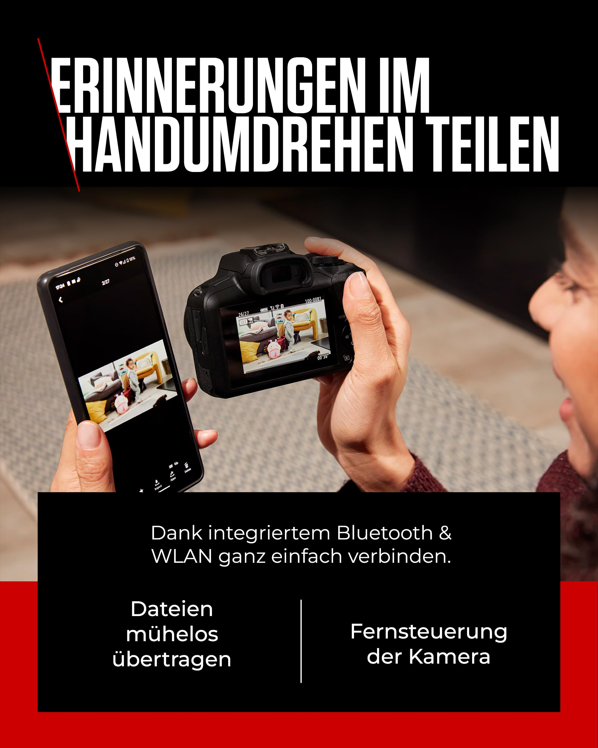 Une personne tient un appareil photo et un smartphone affichant la même photo, avec du texte allemand.