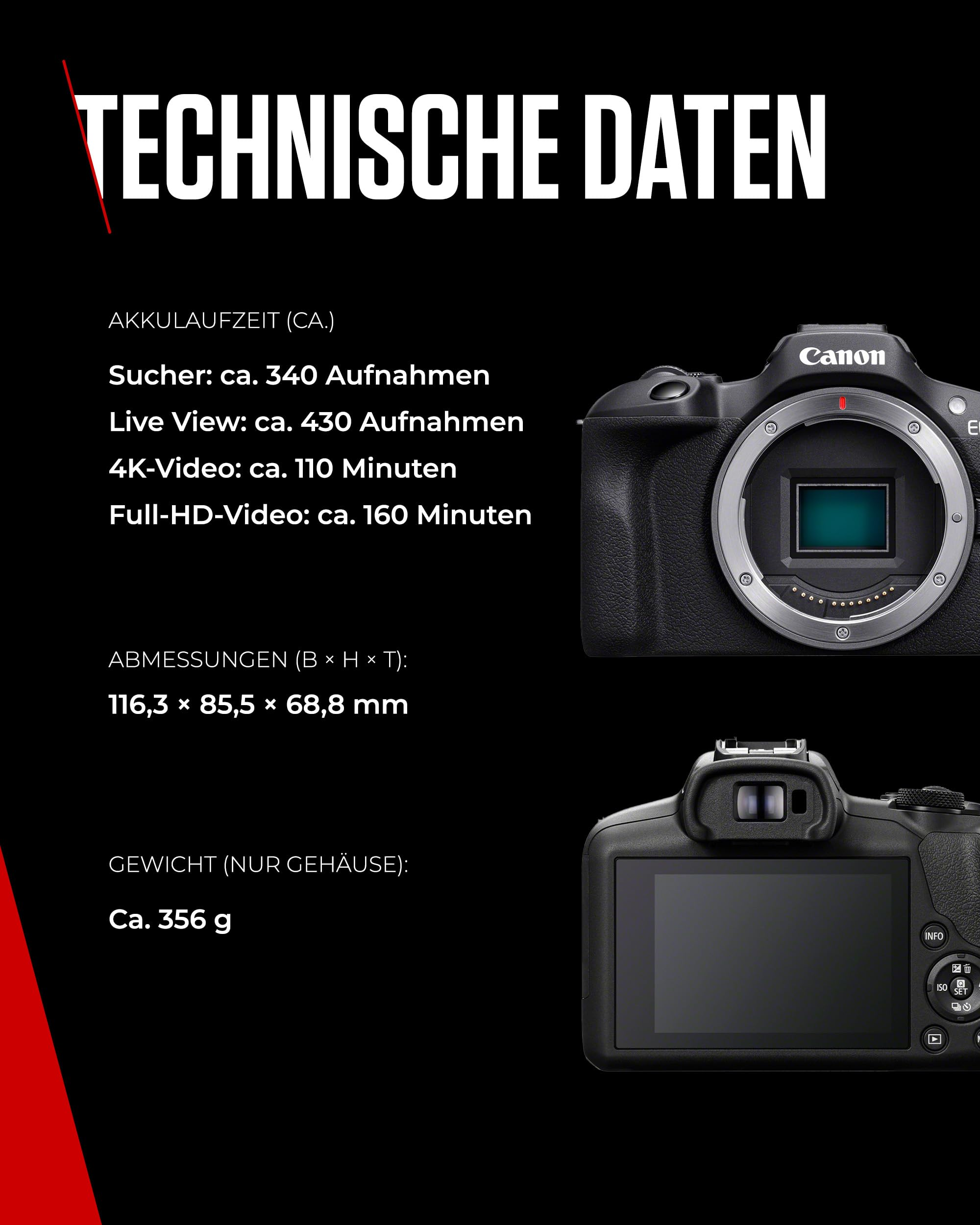 Caractéristiques techniques d'un appareil photo Canon avec autonomie, dimensions et poids sur fond noir.