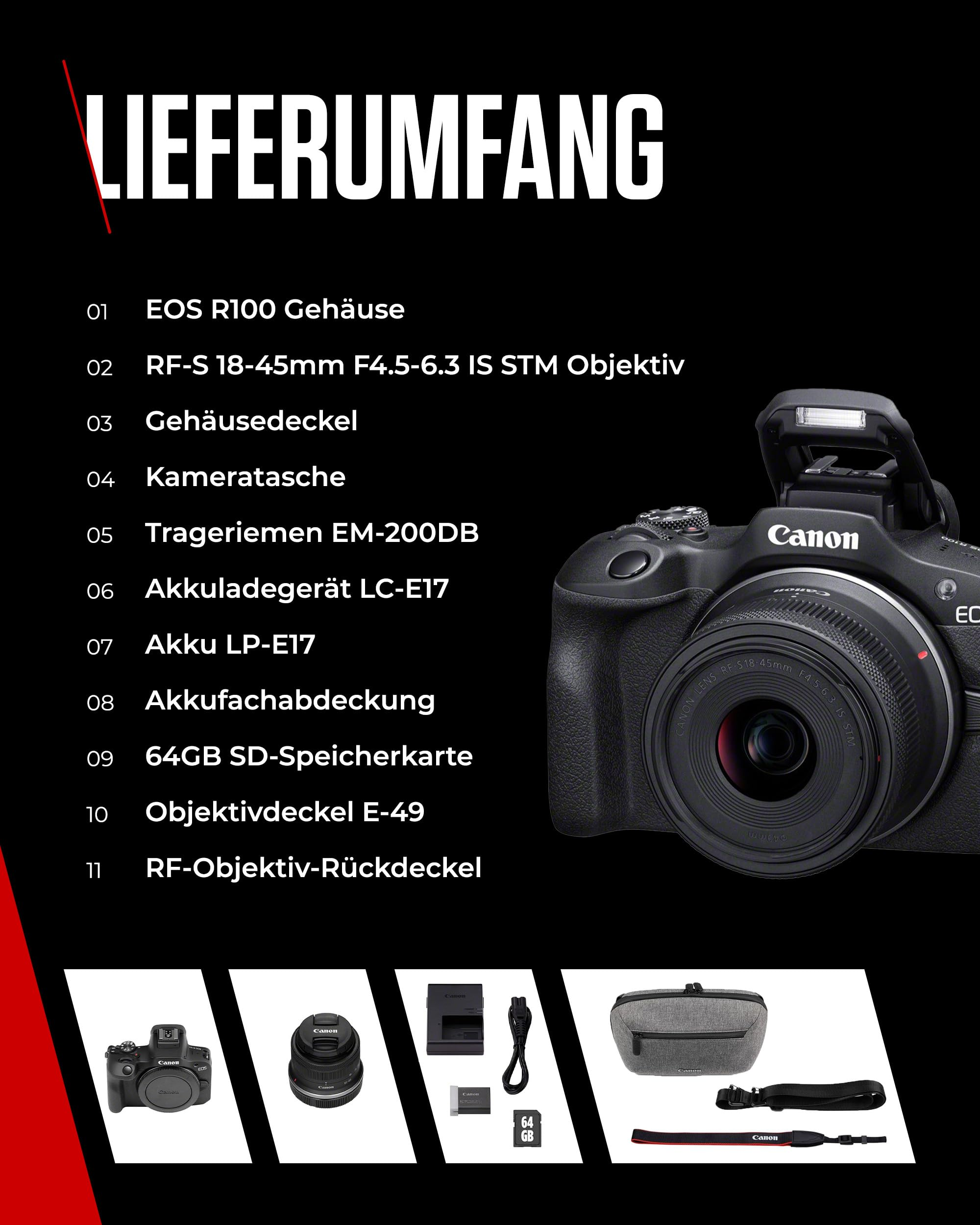 Aperçu du contenu de la livraison d'un appareil photo Canon EOS R100 avec accessoires sur fond noir.