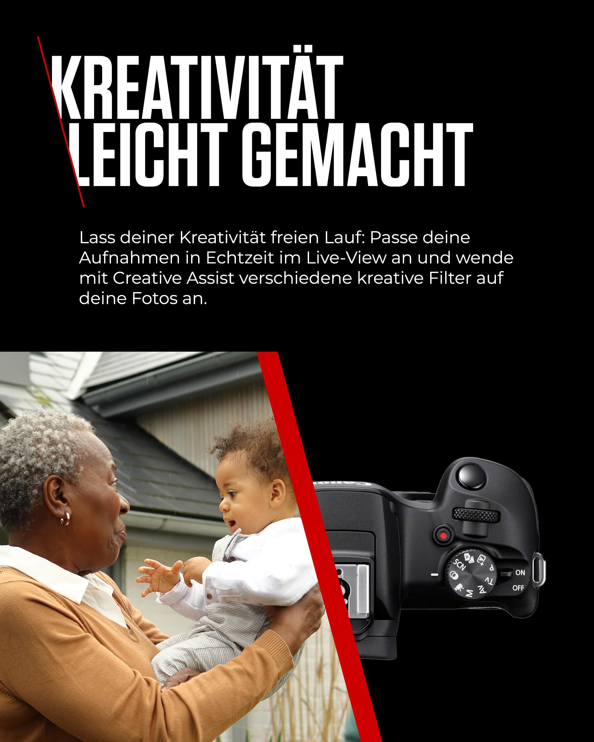 Image publicitaire avec une femme âgée tenant un bébé, à côté d'un appareil photo et d'un texte allemand.