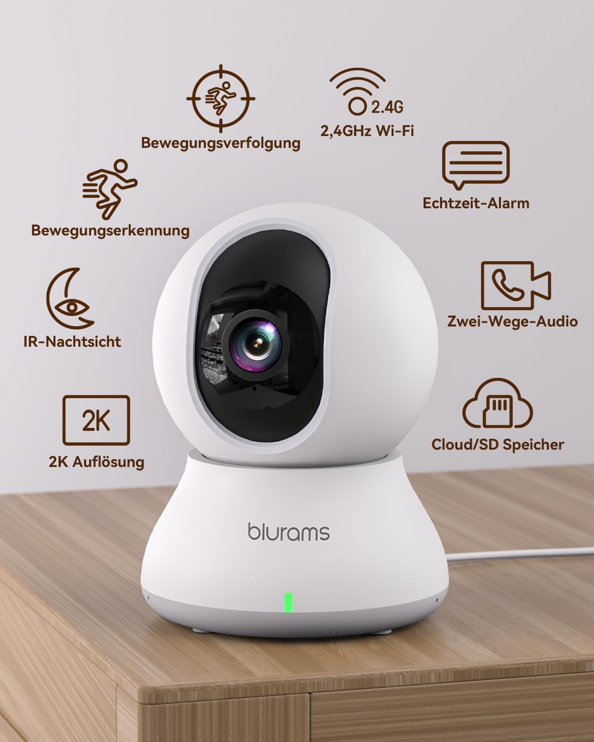 Una telecamera di sicurezza Blurams bianca su un tavolo di legno con icone di funzioni.