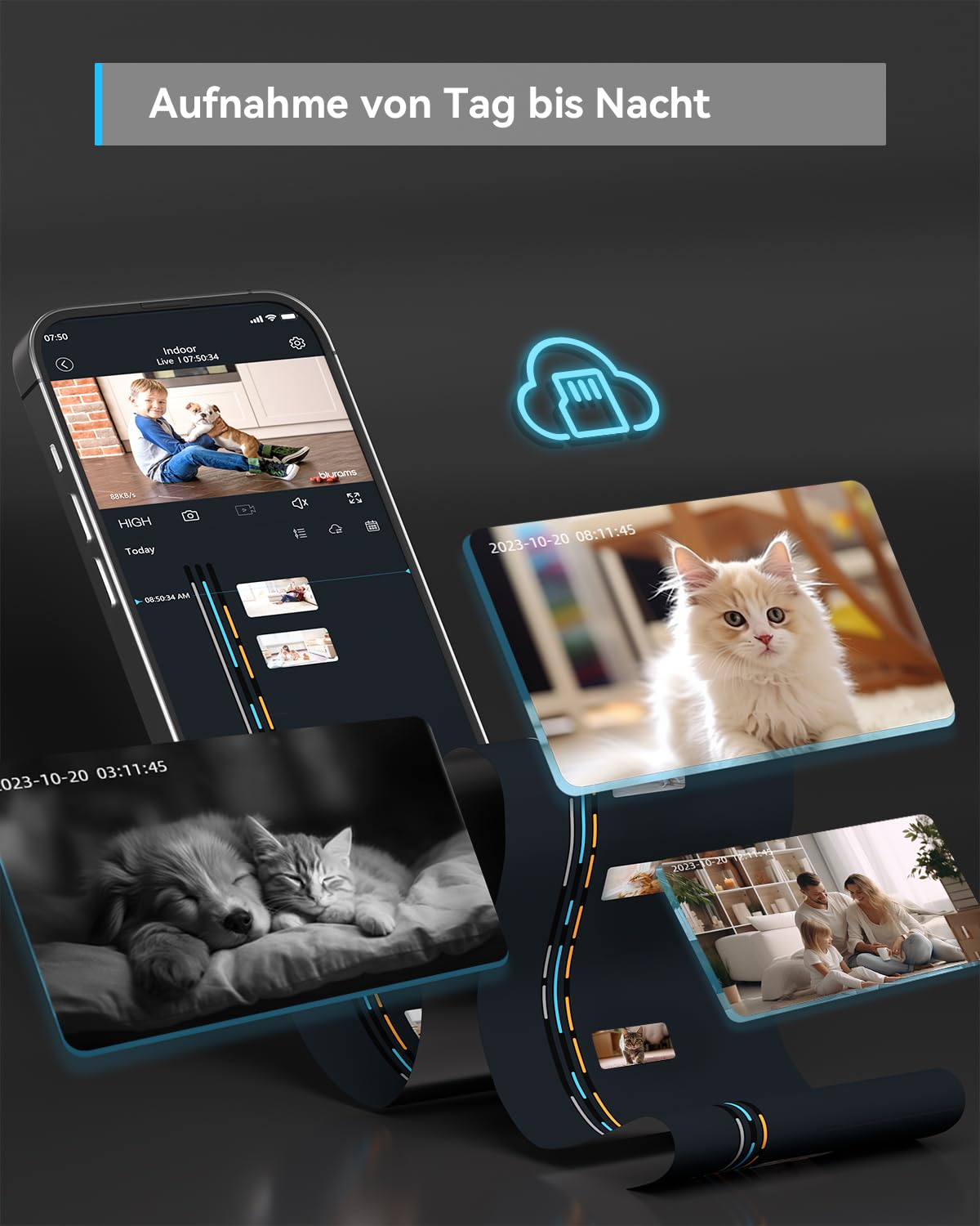 Smartphone mostra un'app di sicurezza con riprese giorno e notte di animali e famiglie.