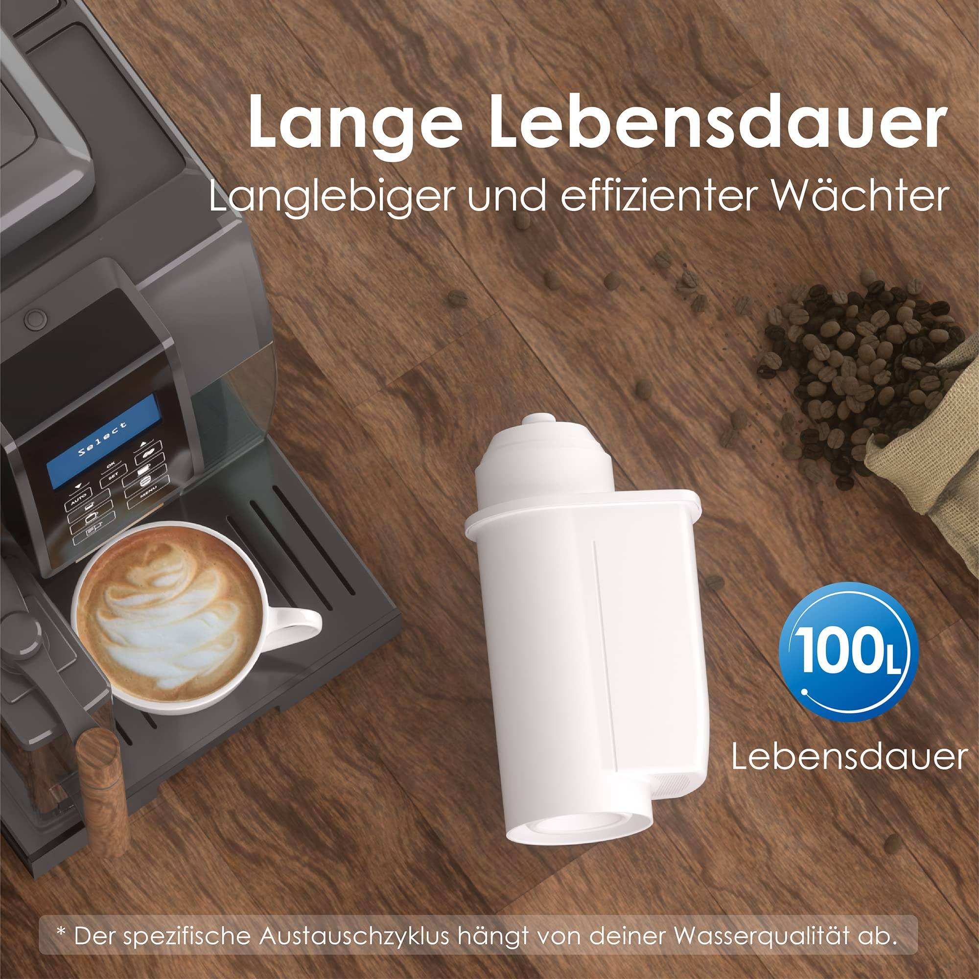 Macchina da caffè, filtro dell'acqua e chicchi di caffè su tavolo in legno con testo.