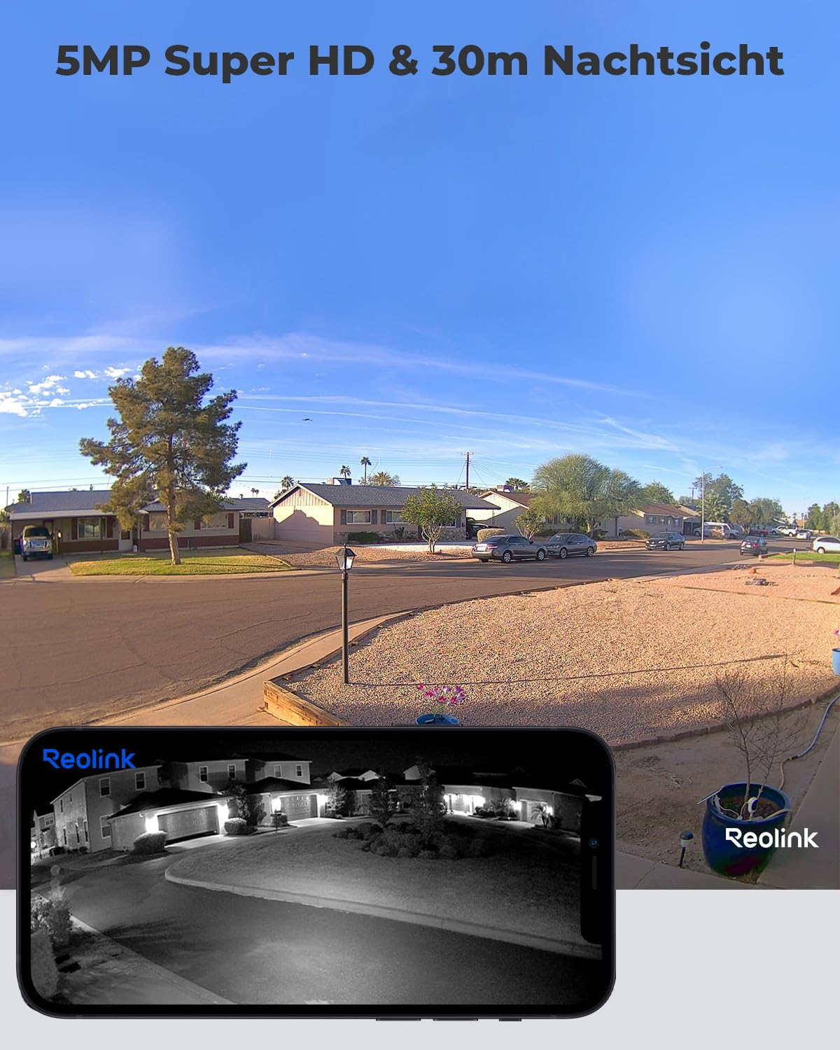 Strada residenziale di giorno e smartphone con visione notturna.