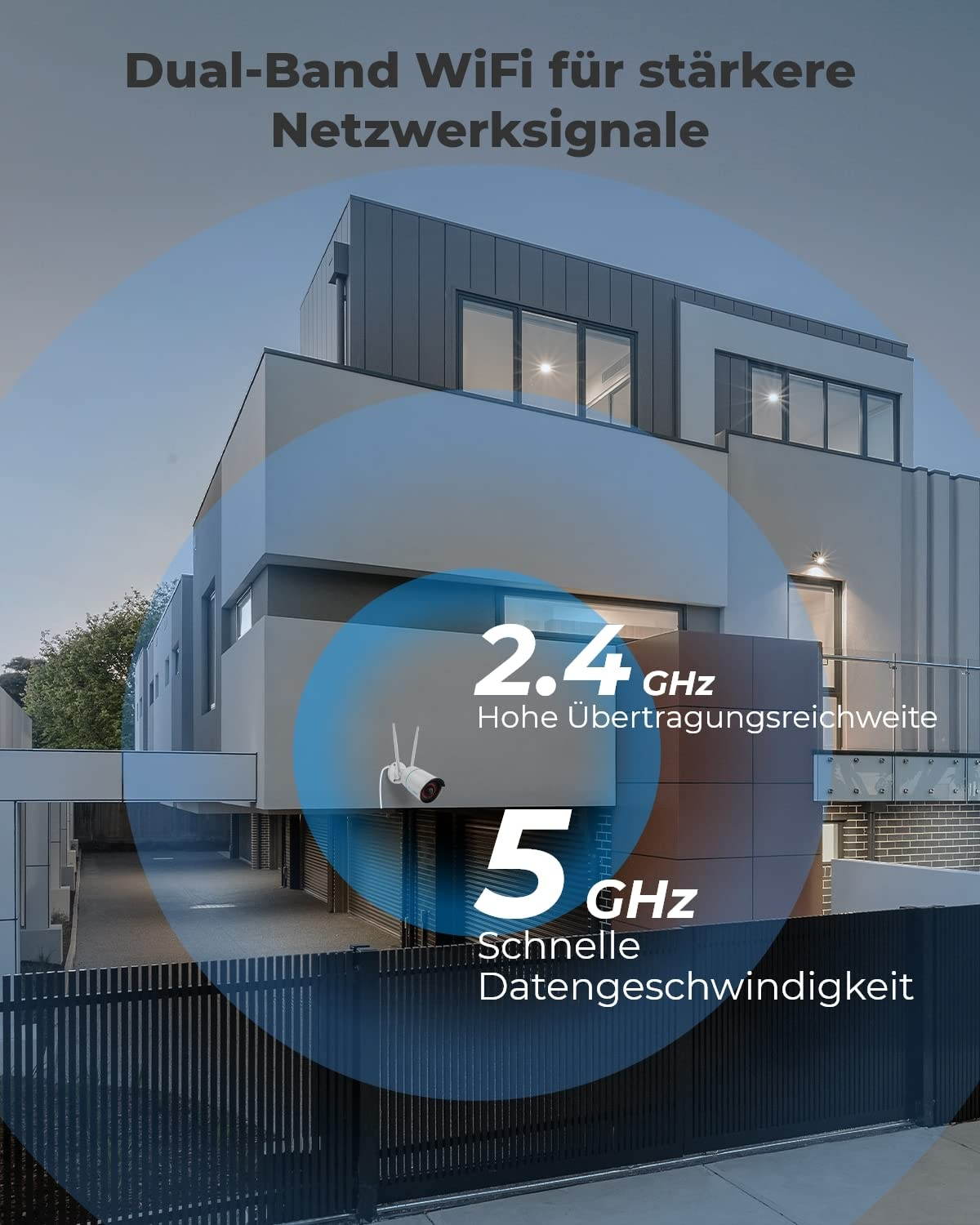 Telecamera di sicurezza su casa moderna con icone Wi-Fi dual-band per 2.4 e 5 GHz.