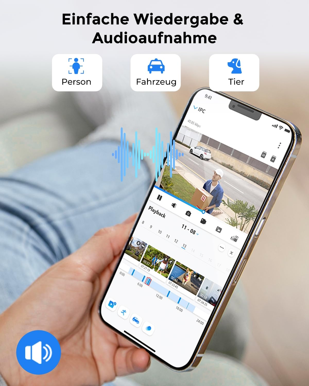 Smartphone che mostra un'app di sicurezza con riproduzione video.
