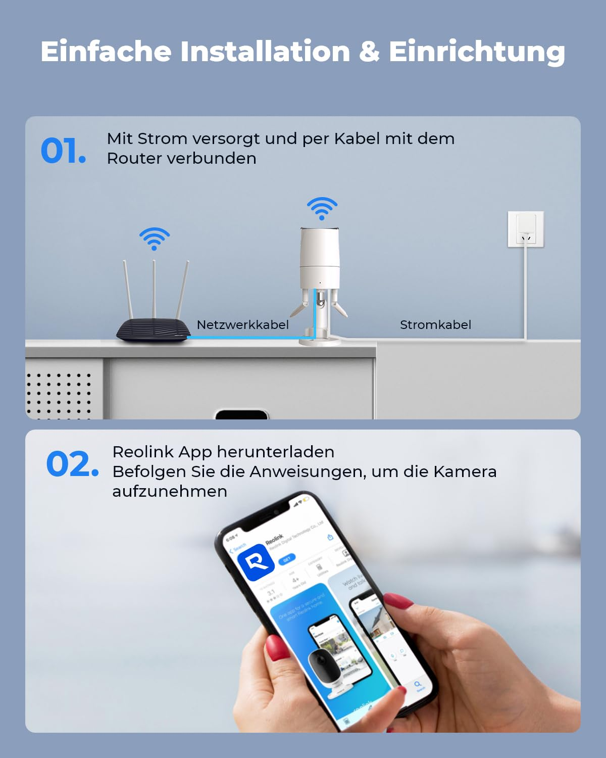 Istruzioni per installare una telecamera di sicurezza con connessione al router e configurazione app.