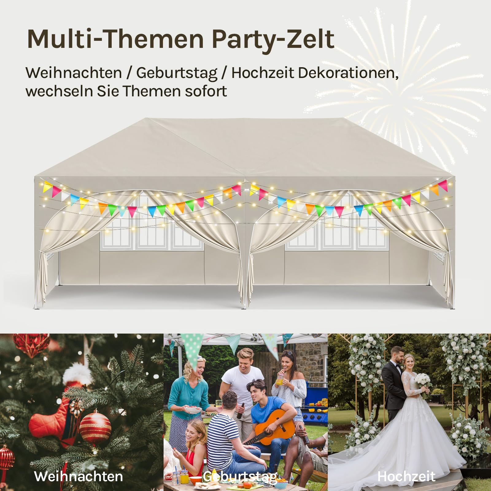 Beige Partyzelt mit Girlanden und drei Szenen: Weihnachten, Geburtstag und Hochzeit.