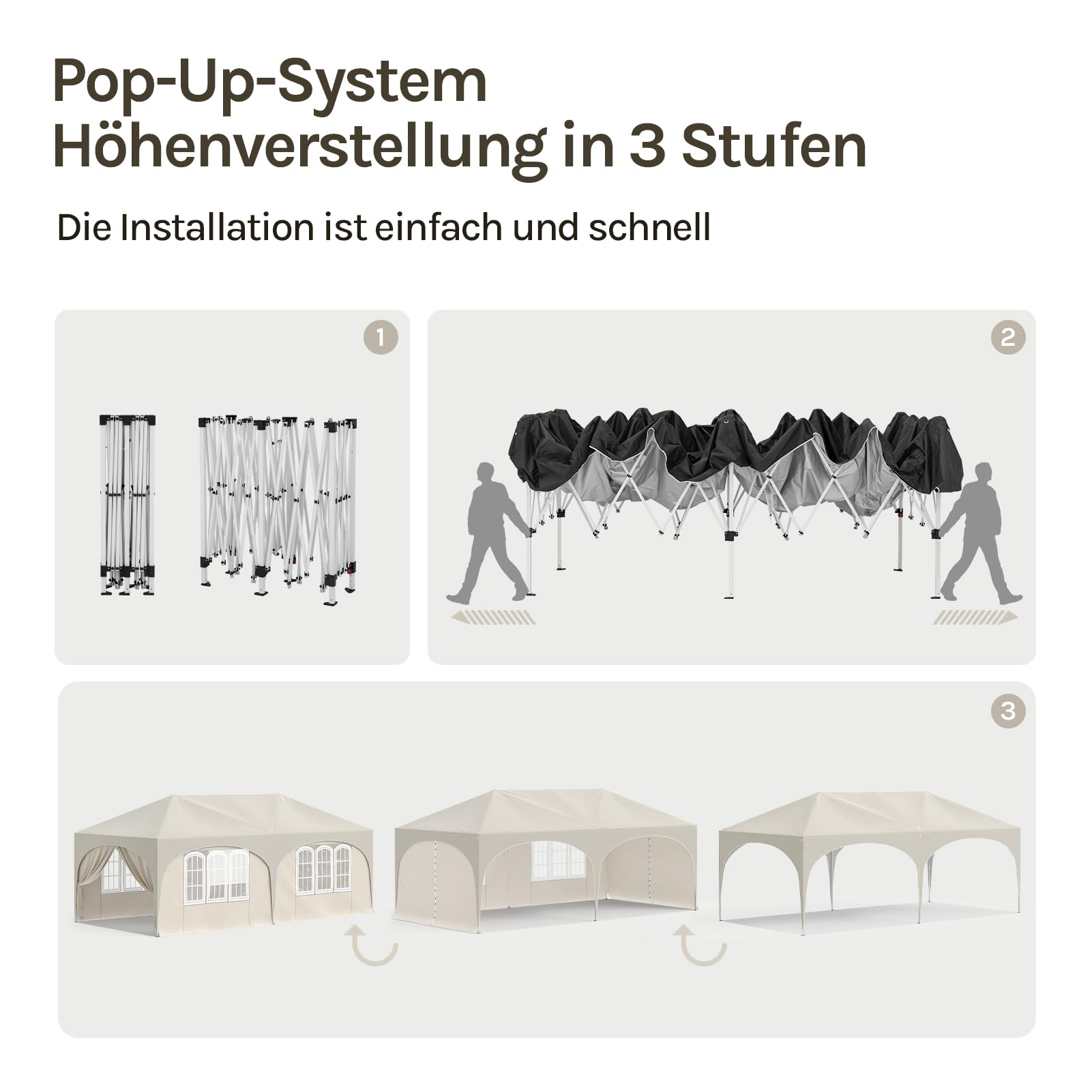 Anleitung zur Installation und Höhenverstellung eines Pop-Up-Pavillons in drei Schritten.