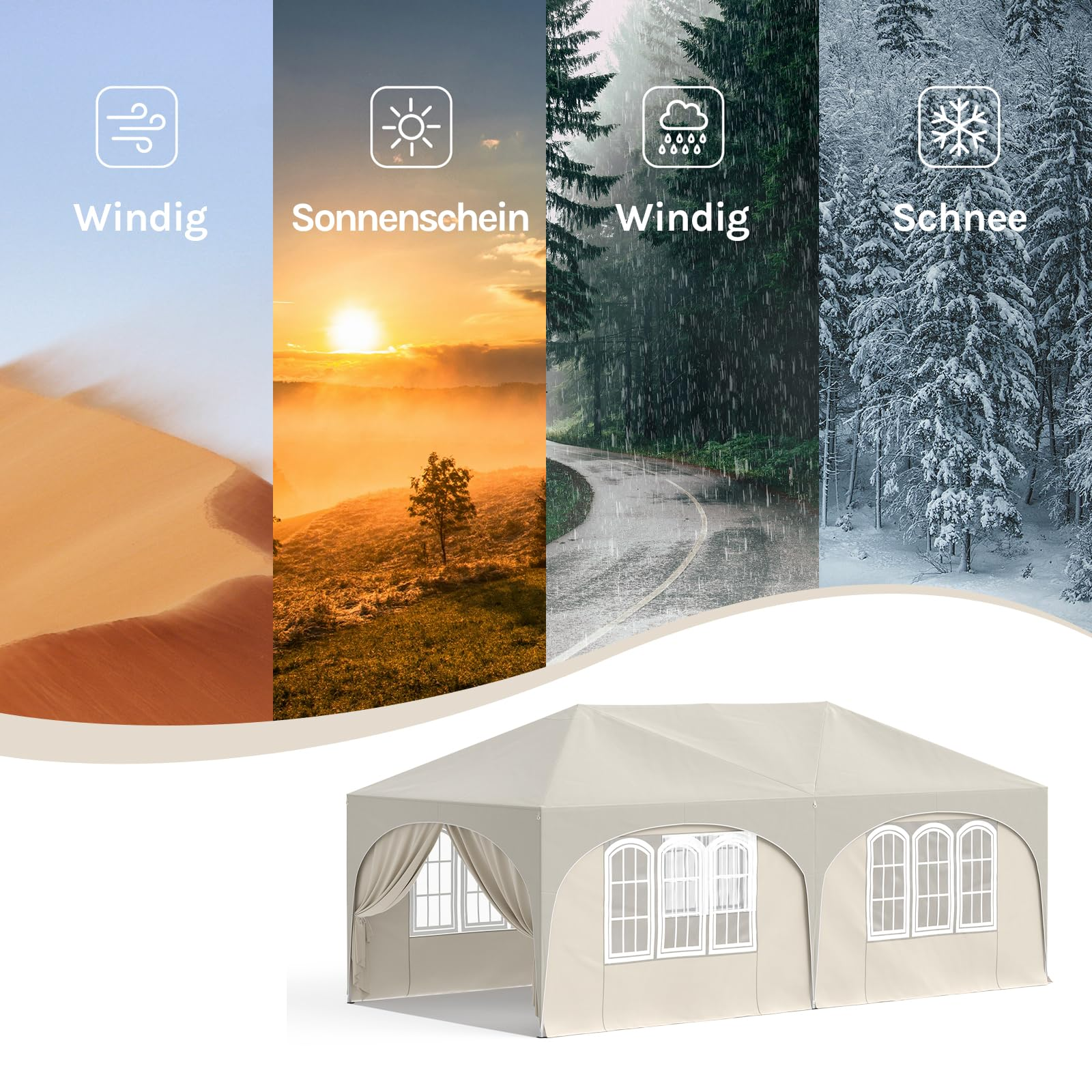 Beige Pavillon-Zelt unter Symbolen für verschiedene Wetterbedingungen wie Wind, Sonne, Regen und Schnee.