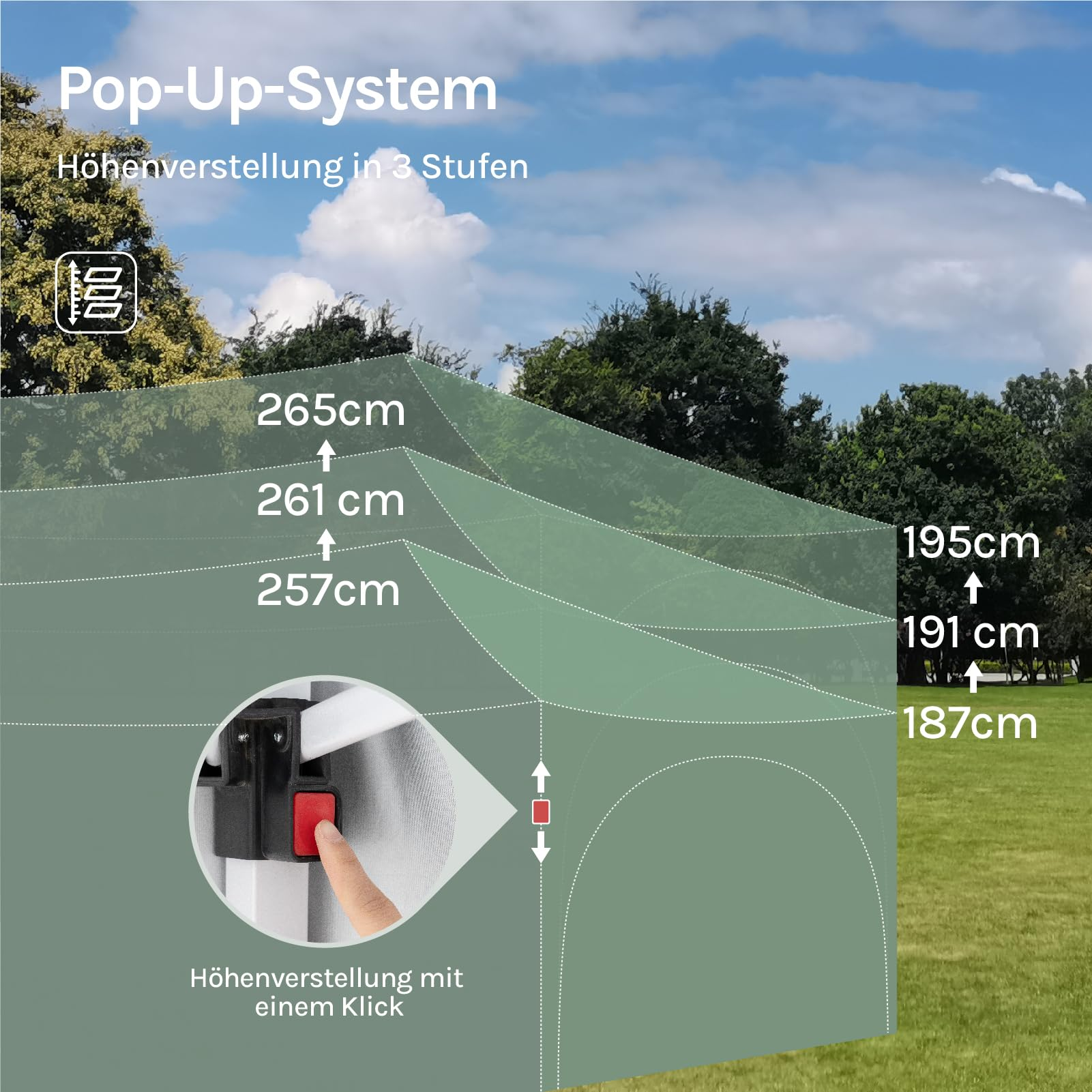 Pop-Up-Pavillon mit dreistufiger Höhenverstellung und einfachem Klick-System im Park.