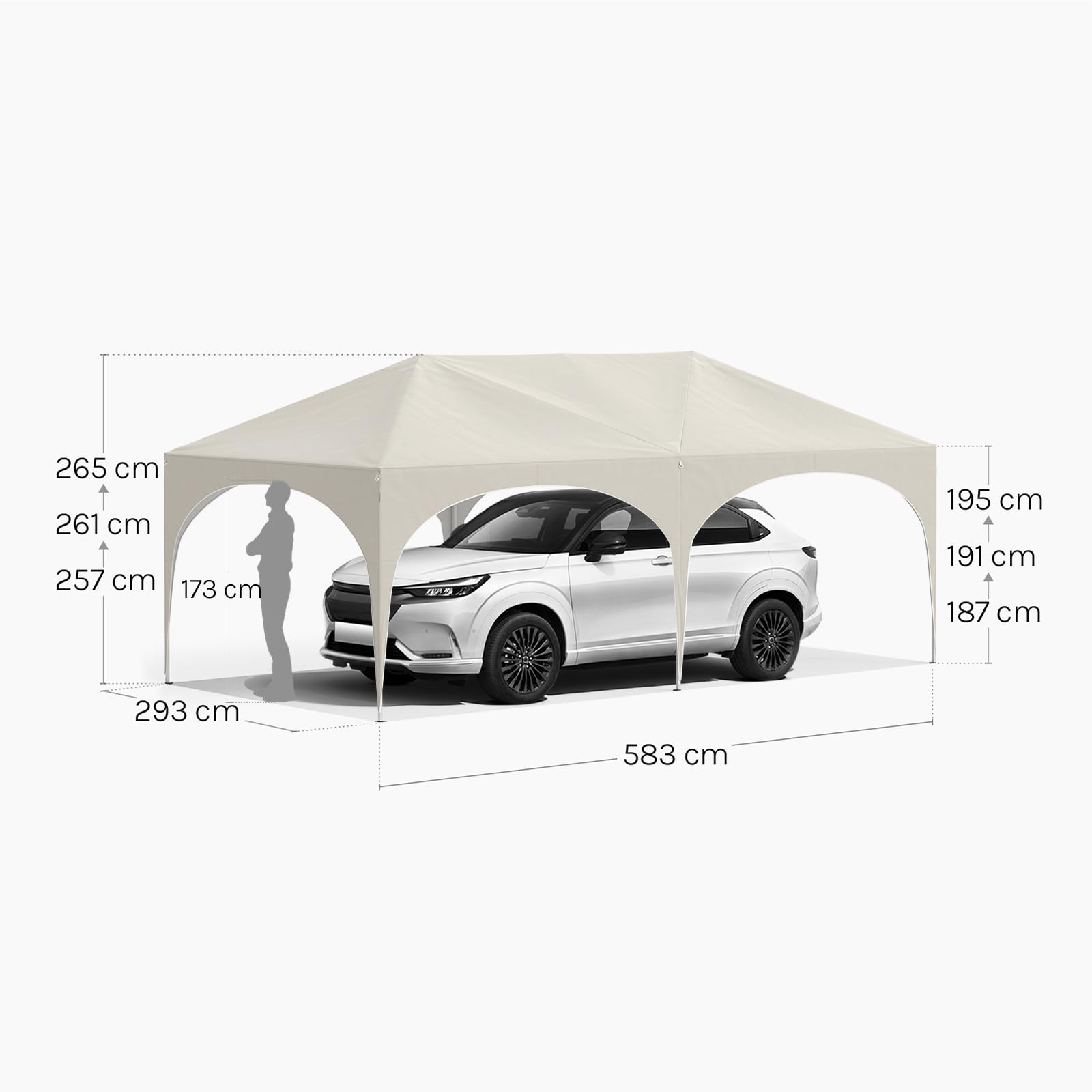 Ein weißes Auto parkt unter einem großen Beigefarbenen Carport mit Maßen.