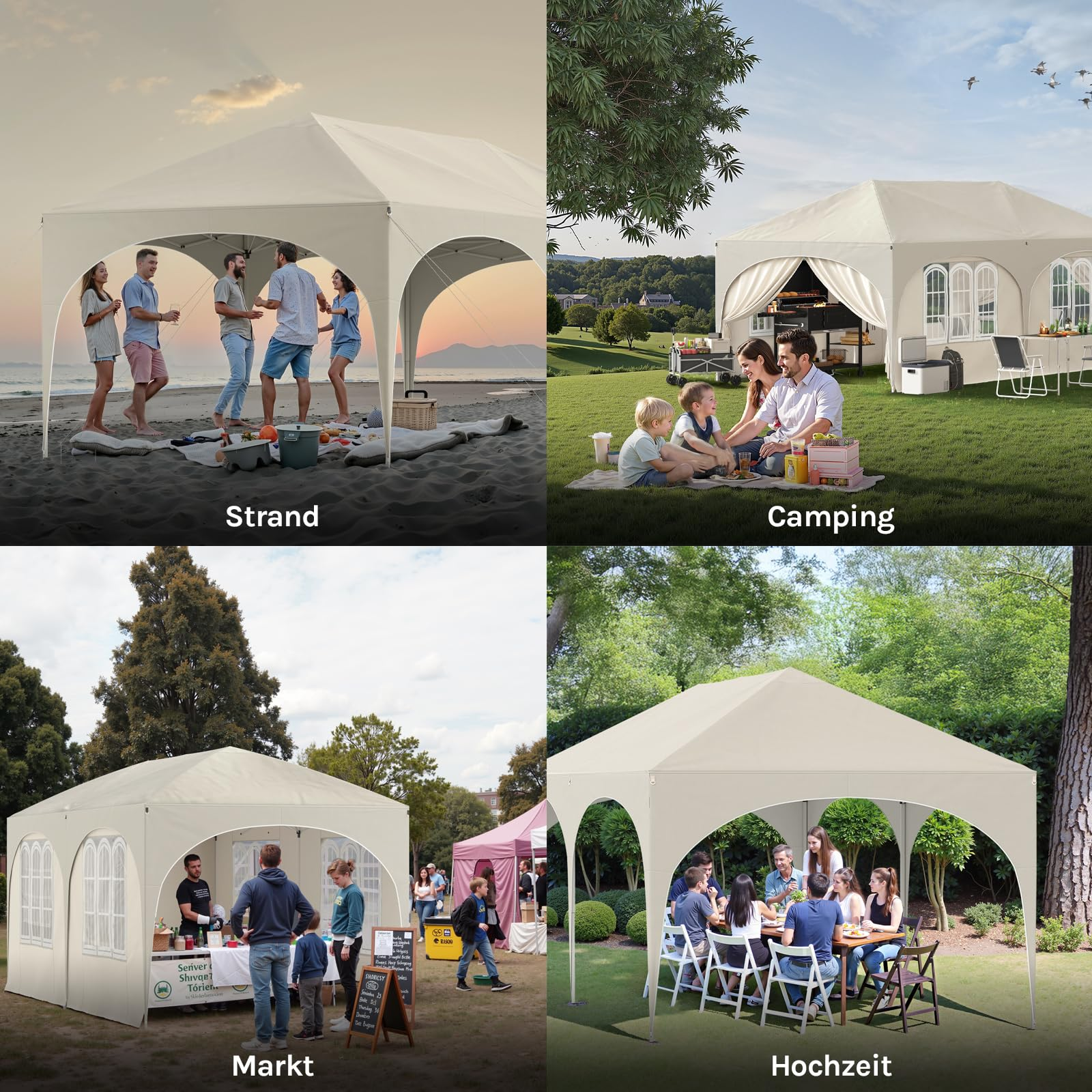 Vier Szenen mit demselben großen weißen Partyzelt am Strand, beim Camping, auf dem Markt und bei einer Hochzeit.