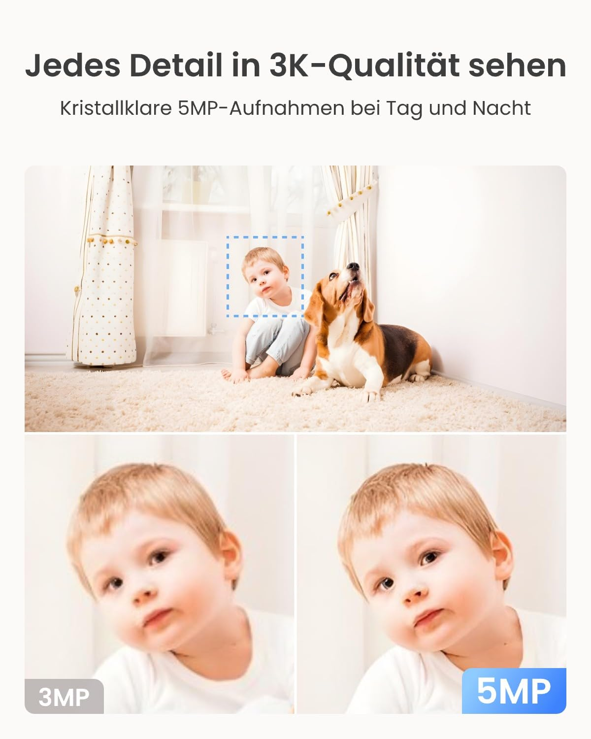 Un bambino e un cane su un tappeto, con un confronto tra risoluzione 3MP e 5MP sotto.