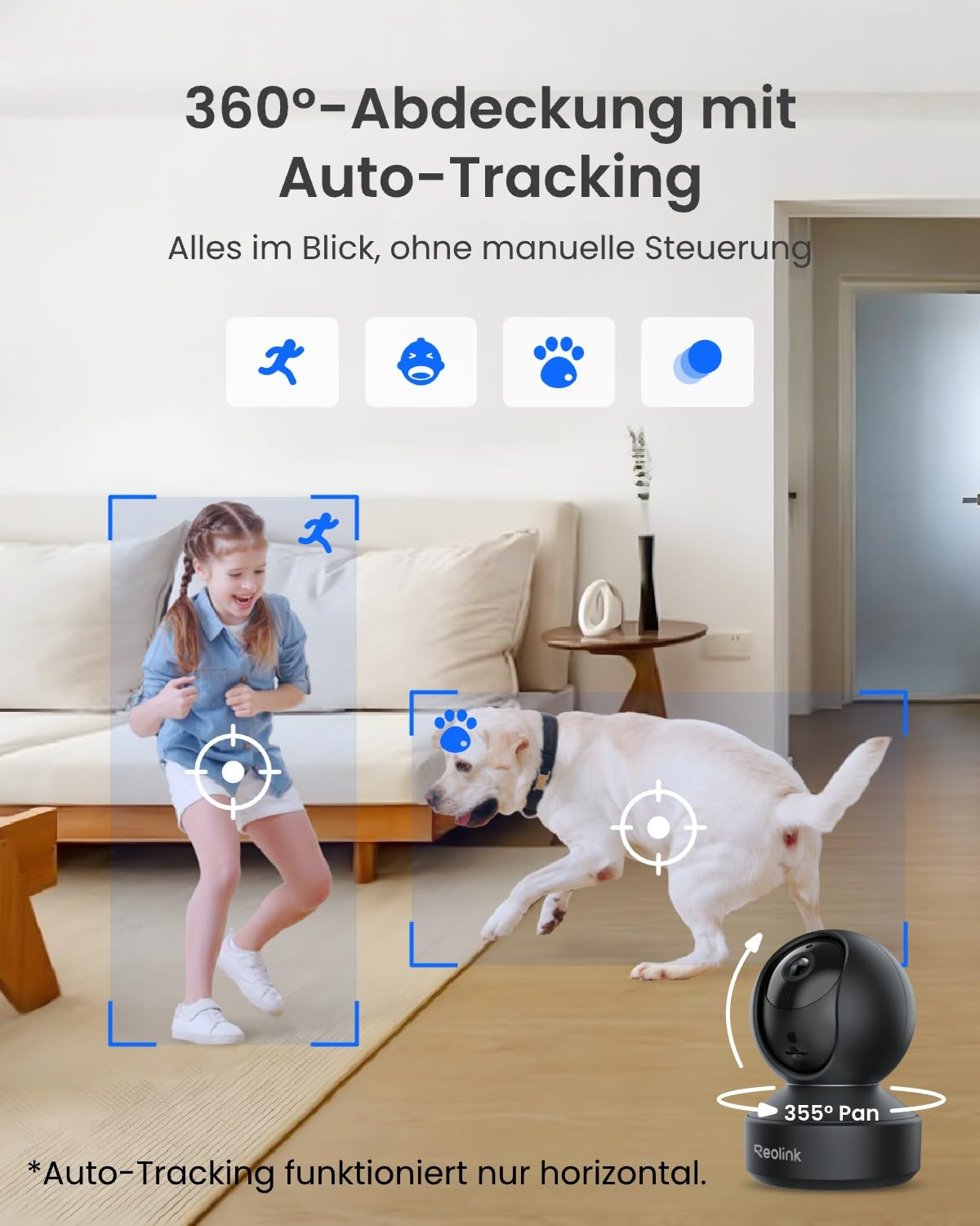 Una telecamera di sicurezza nera traccia una bambina e un cane, evidenziati da riquadri blu.