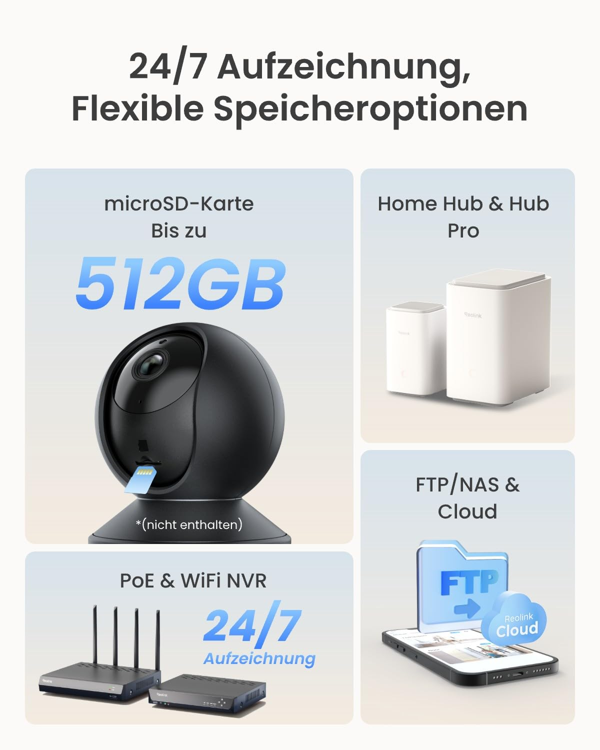 Panoramica della registrazione 24/7 e opzioni di archiviazione flessibili come microSD, Home Hub, NVR e cloud.