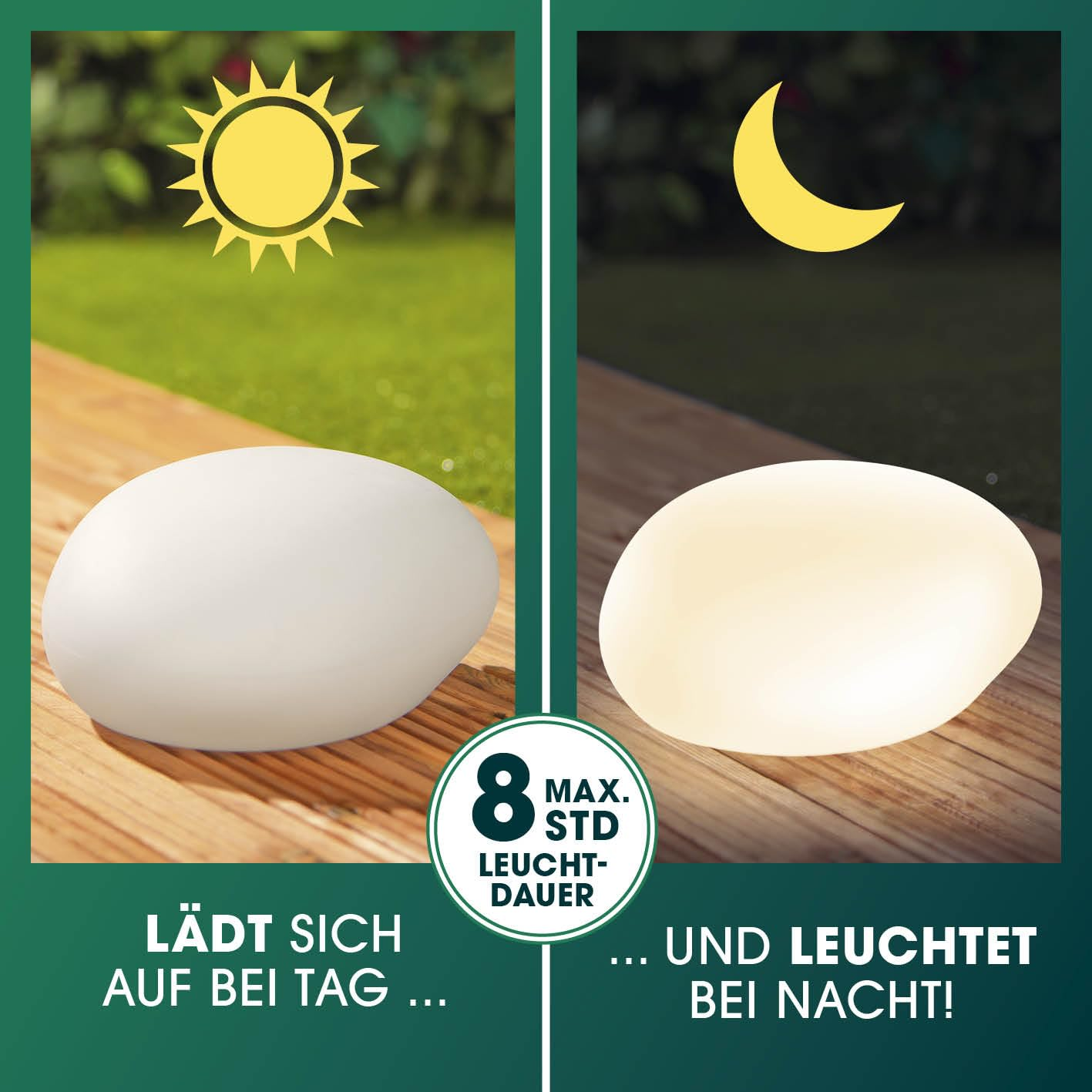 La lumière solaire se charge le jour et brille la nuit, jusqu'à 8 heures.