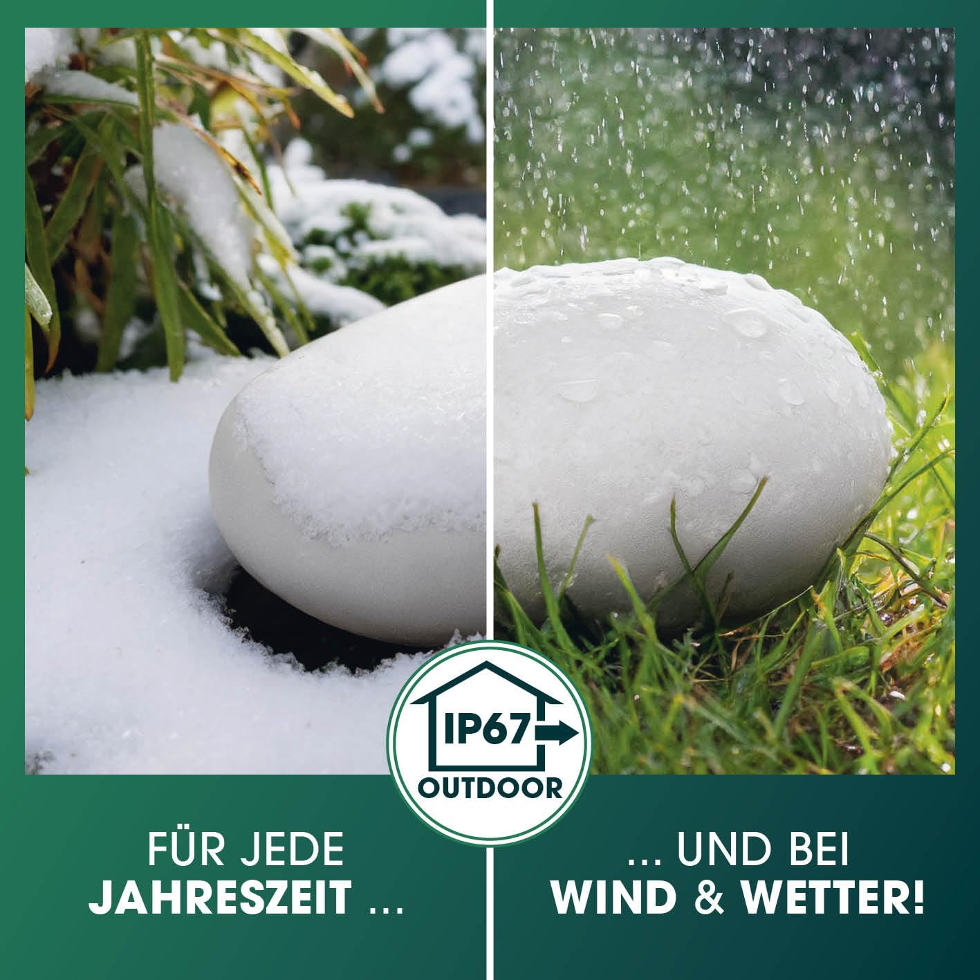 Une enceinte d'extérieur blanche en pierre, dans la neige à gauche et sous la pluie à droite, norme IP67.