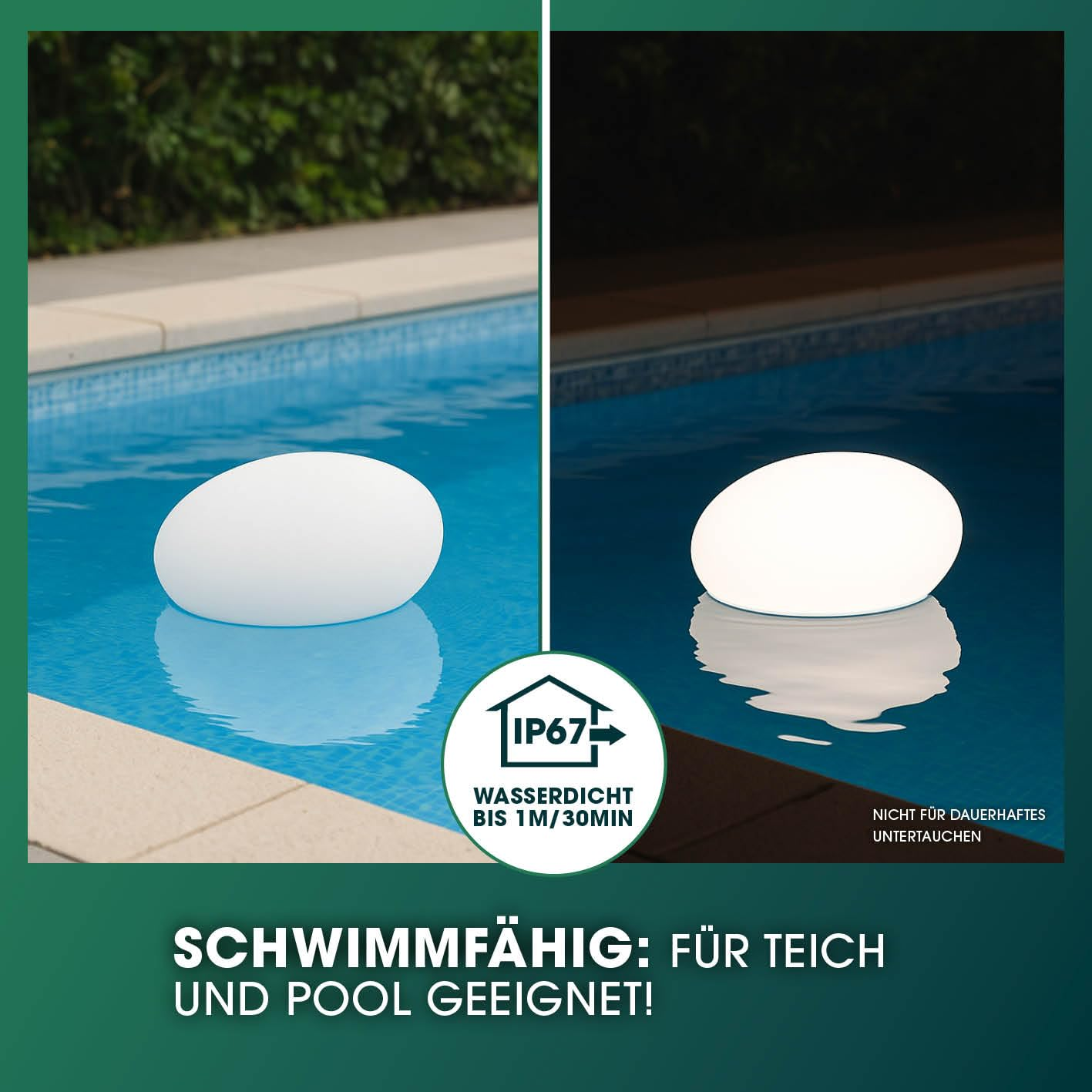 Une lampe de piscine blanche en forme d'œuf flotte dans l'eau bleue d'une piscine de jour comme de nuit.