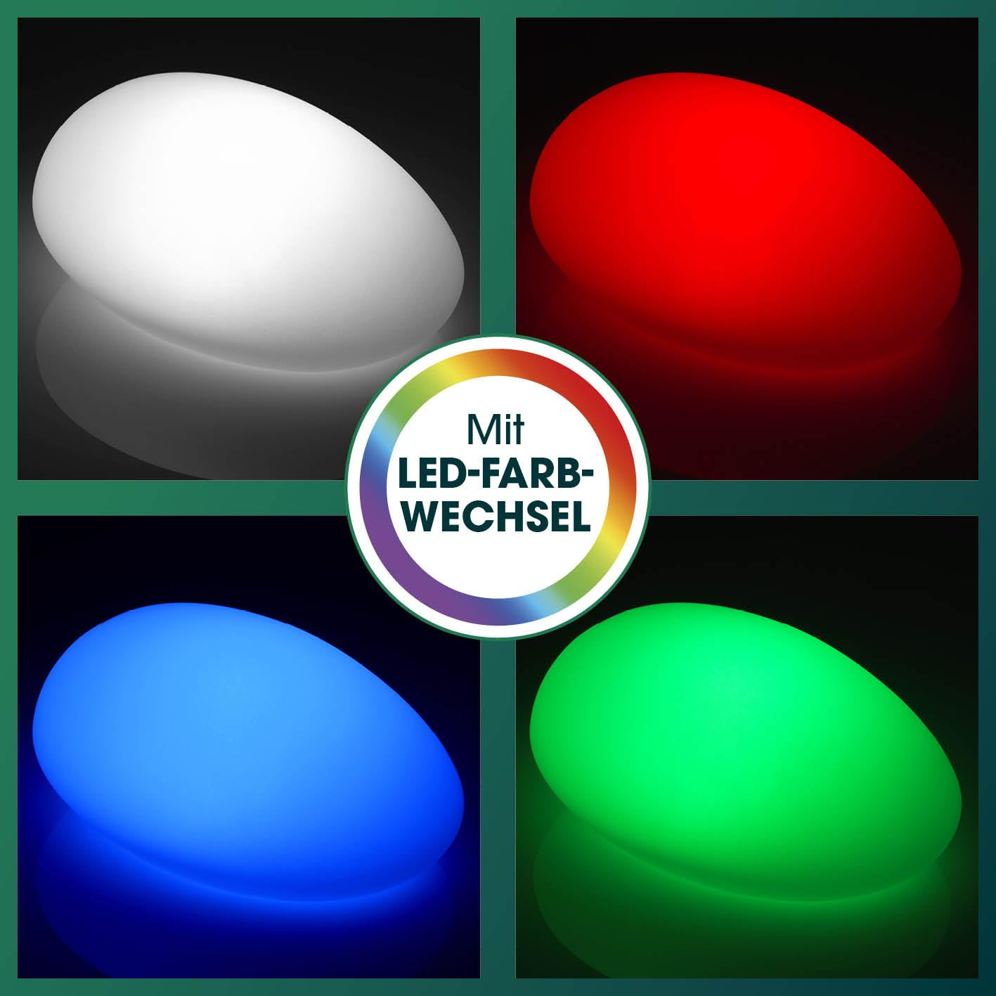 Quatre lampes en forme d'œuf brillent en blanc, rouge, bleu et vert, avec un texte de changement de couleur.