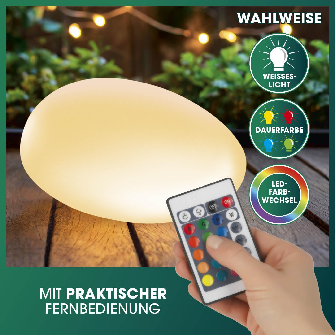 Une lampe LED lumineuse en forme de galet avec télécommande, offrant des options de lumière blanche et de changement de couleur.