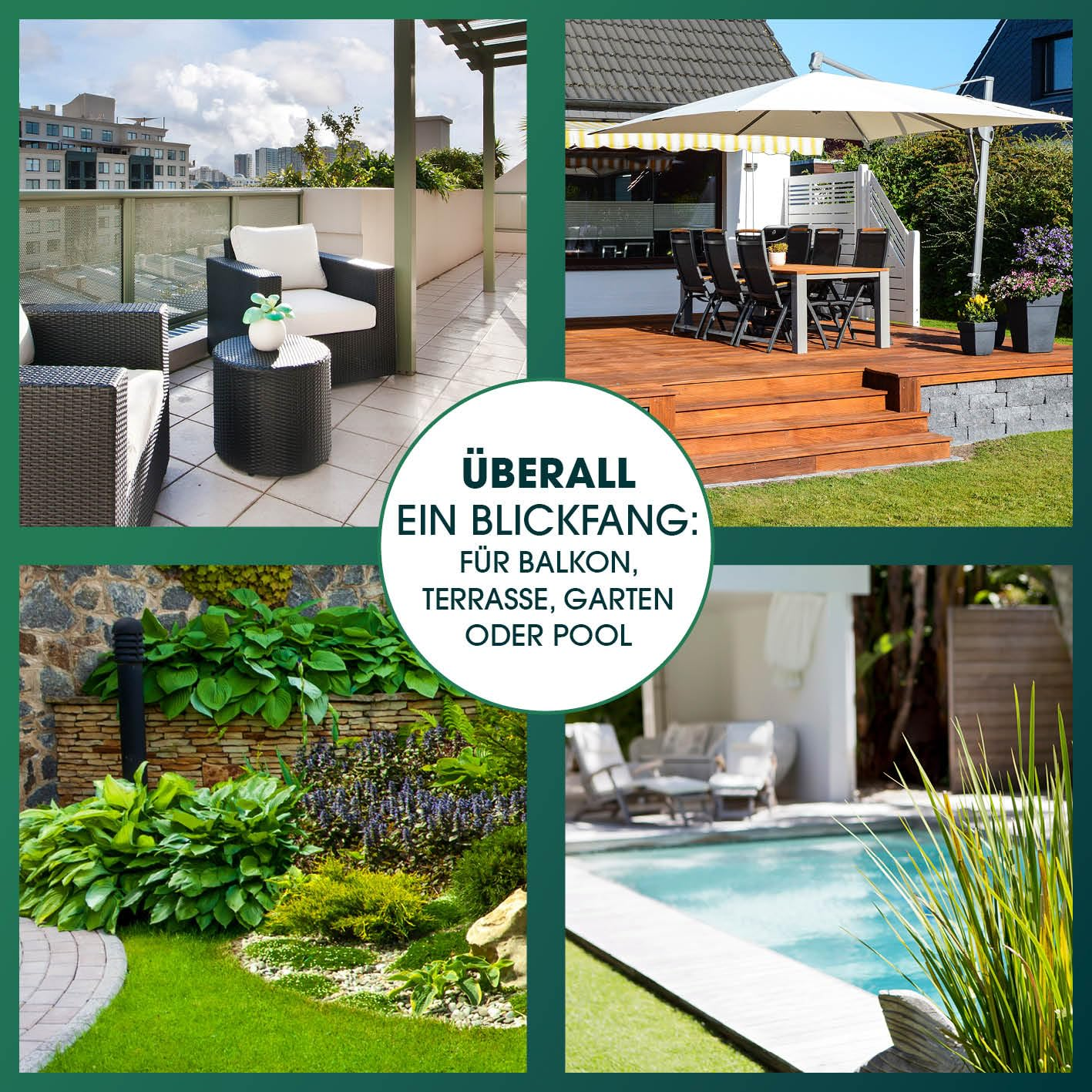 Collage montrant divers espaces extérieurs comme un balcon, une terrasse, un jardin et une piscine avec du texte au centre.