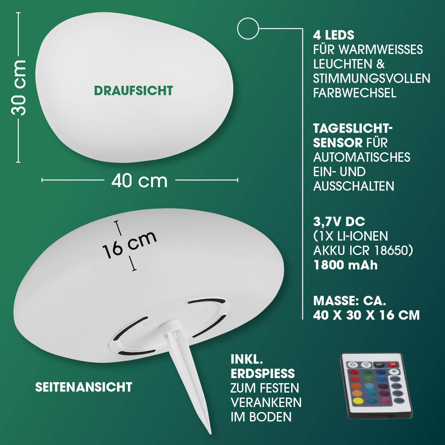 Dessin technique et dimensions d'une lampe de jardin ovale solaire avec piquet de terre et télécommande.