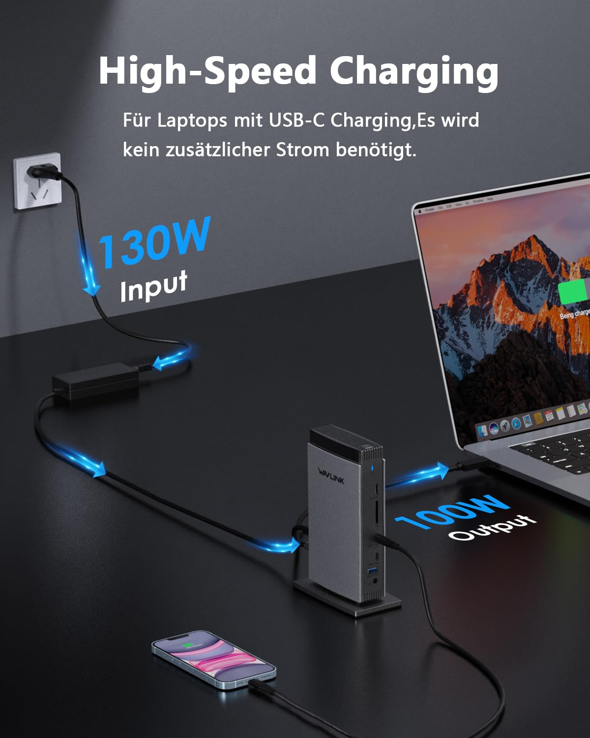 Laptop e smartphone alimentati tramite dock grigio, con testi come High-Speed Charging.
