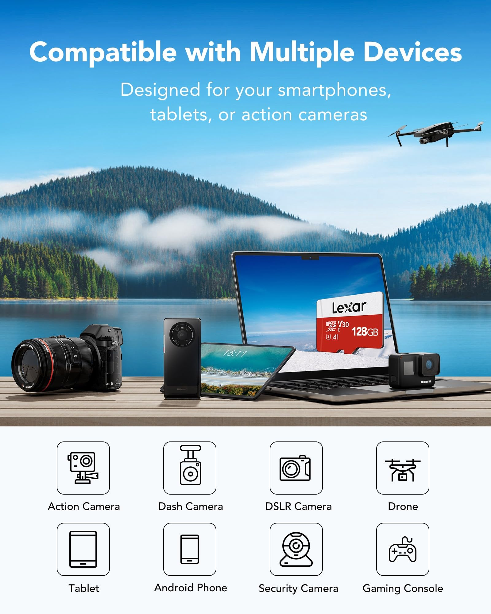 Carte MicroSD Lexar sur un ordinateur portable avec des caméras et appareils, devant un lac et des montagnes.