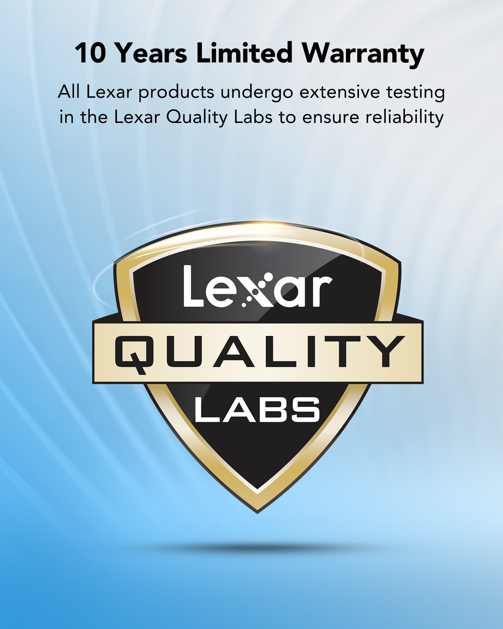 Garantie limitée de 10 ans avec le logo Lexar Quality Labs sur fond bleu.