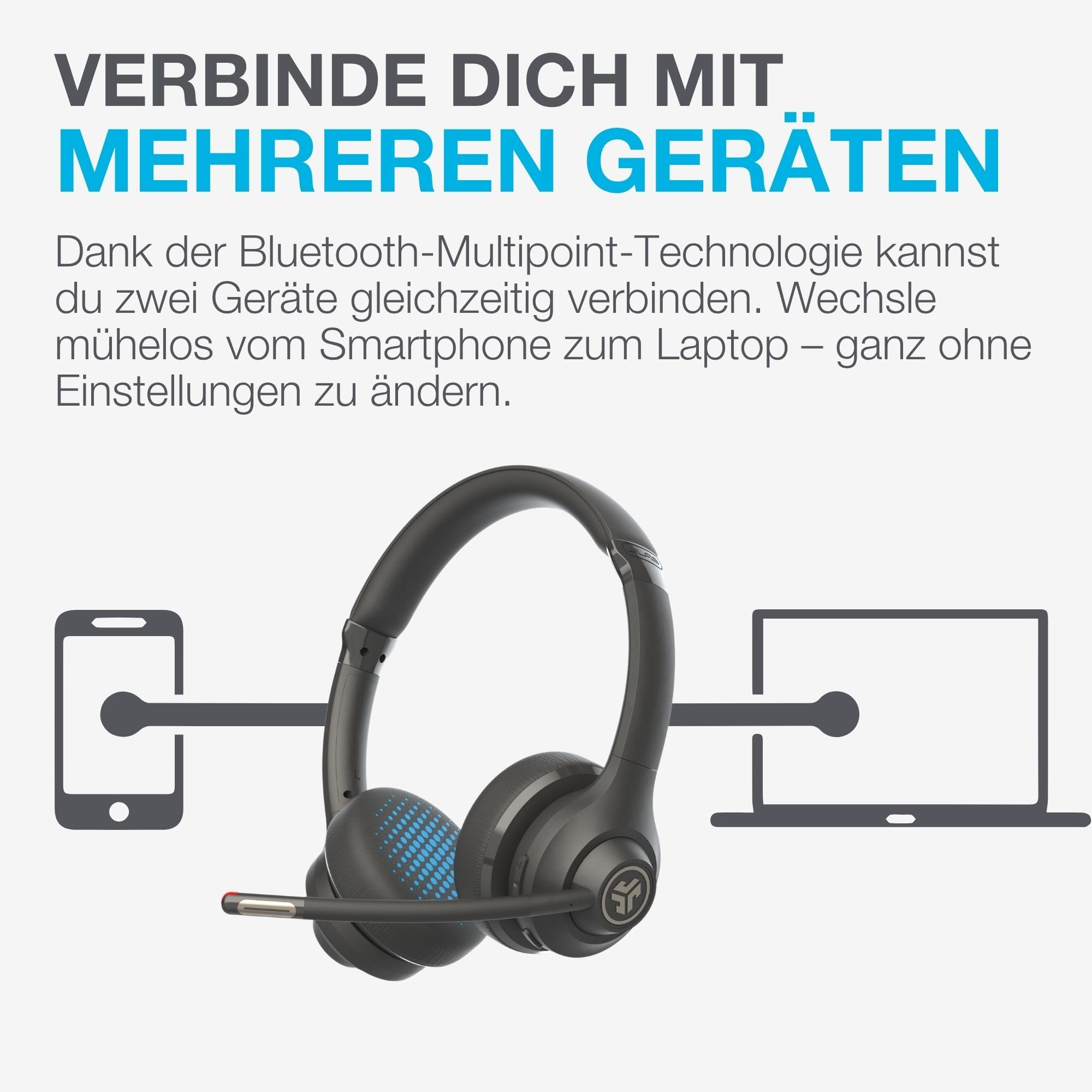 Schwarzes Headset verbunden mit einem Smartphone und einem Laptop, um Bluetooth-Multipoint zu zeigen.