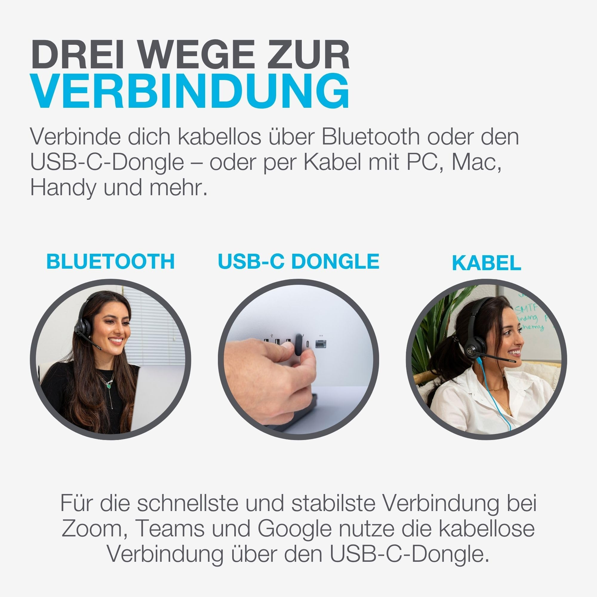Grafik zeigt drei Verbindungsmöglichkeiten: Bluetooth, USB-C-Dongle und Kabel für Headsets.