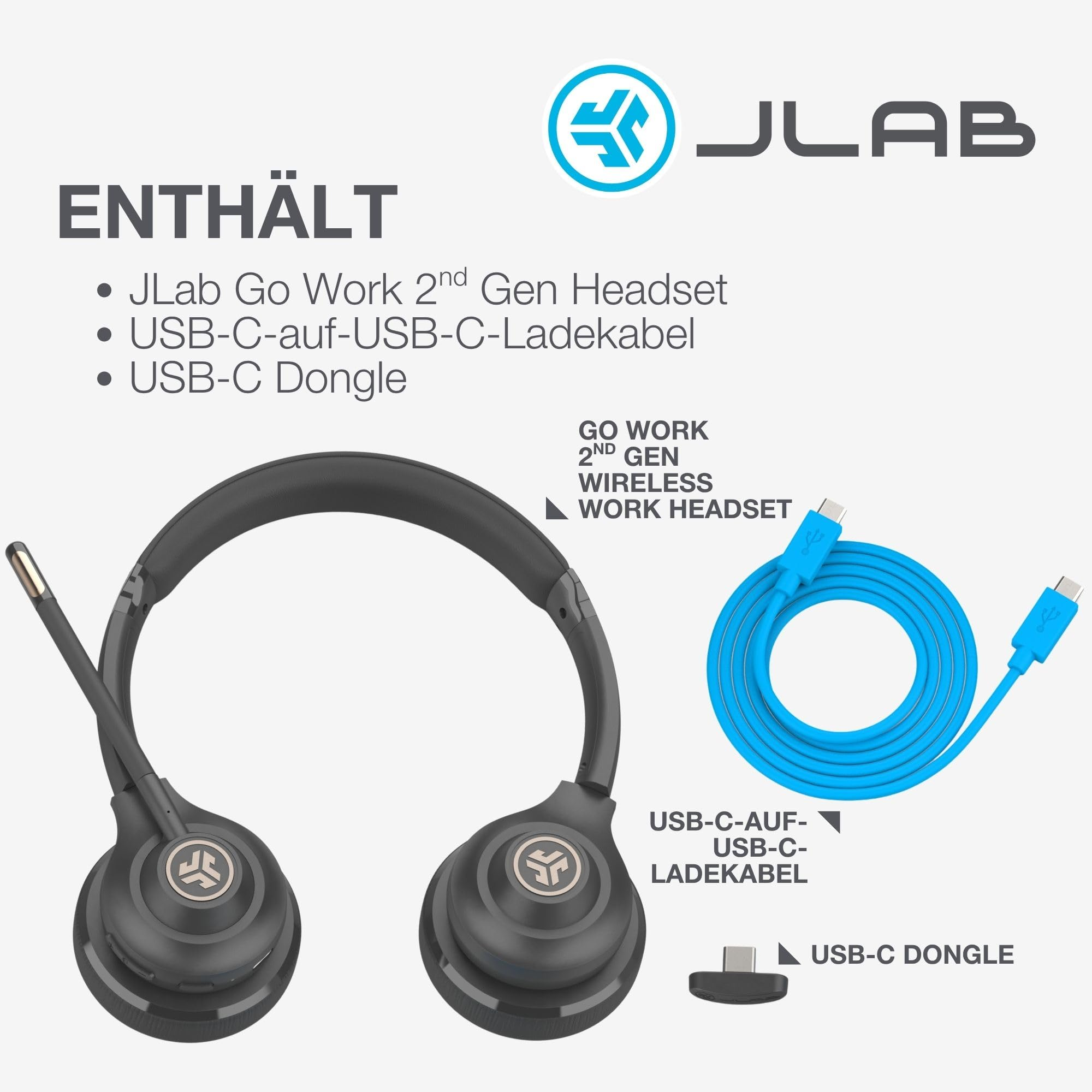 JLab Go Work 2. Gen Headset, USB-C-Kabel und USB-C-Dongle auf weißem Hintergrund.