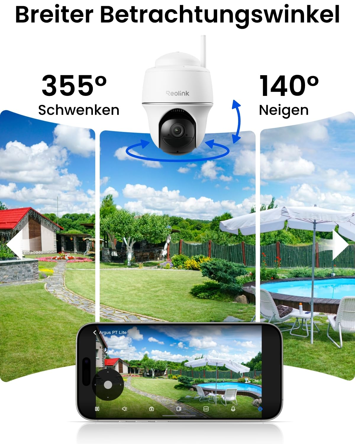 Telecamera di sicurezza con rotazione di 355 e inclinazione di 140 gradi che mostra un giardino sullo smartphone.