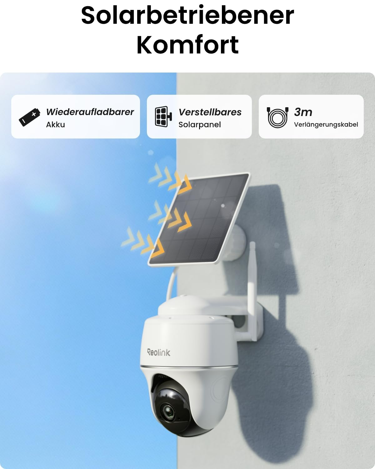 Una telecamera di sicurezza bianca con pannello solare e testo sopra.