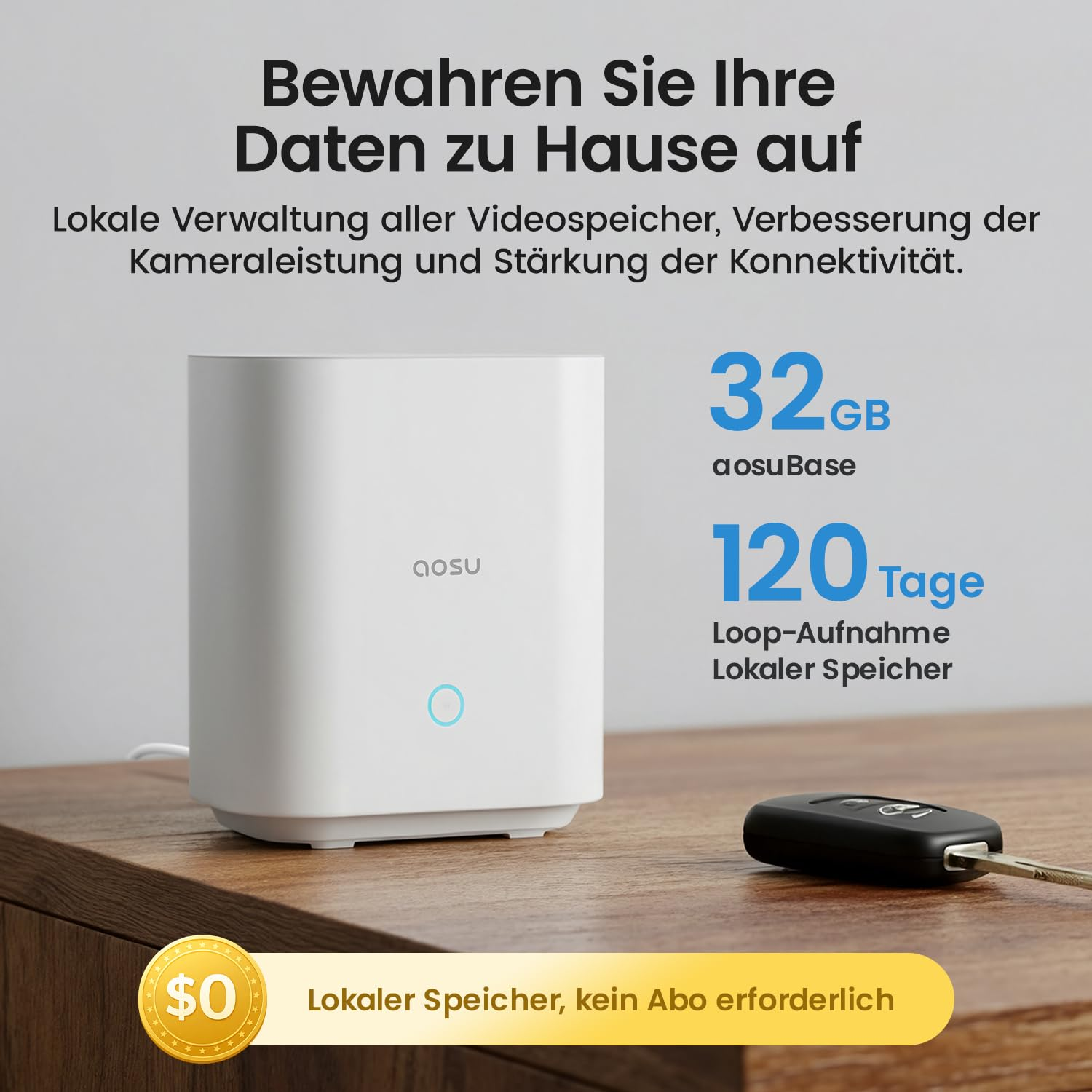 Hub aosuBase bianco con 32GB e 120 giorni di archiviazione su tavolo in legno.