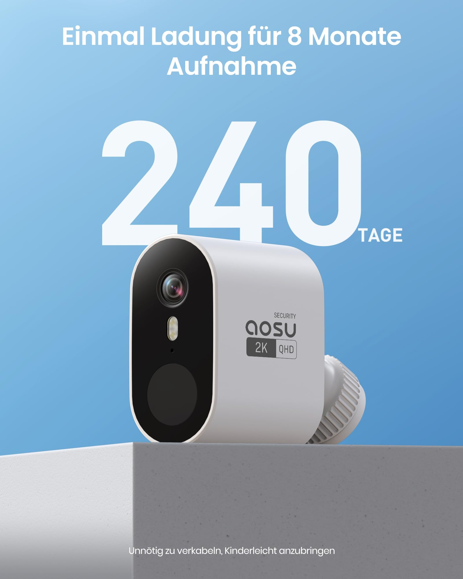 Una telecamera di sicurezza Aosu bianca su piedistallo grigio con sfondo blu e testo.