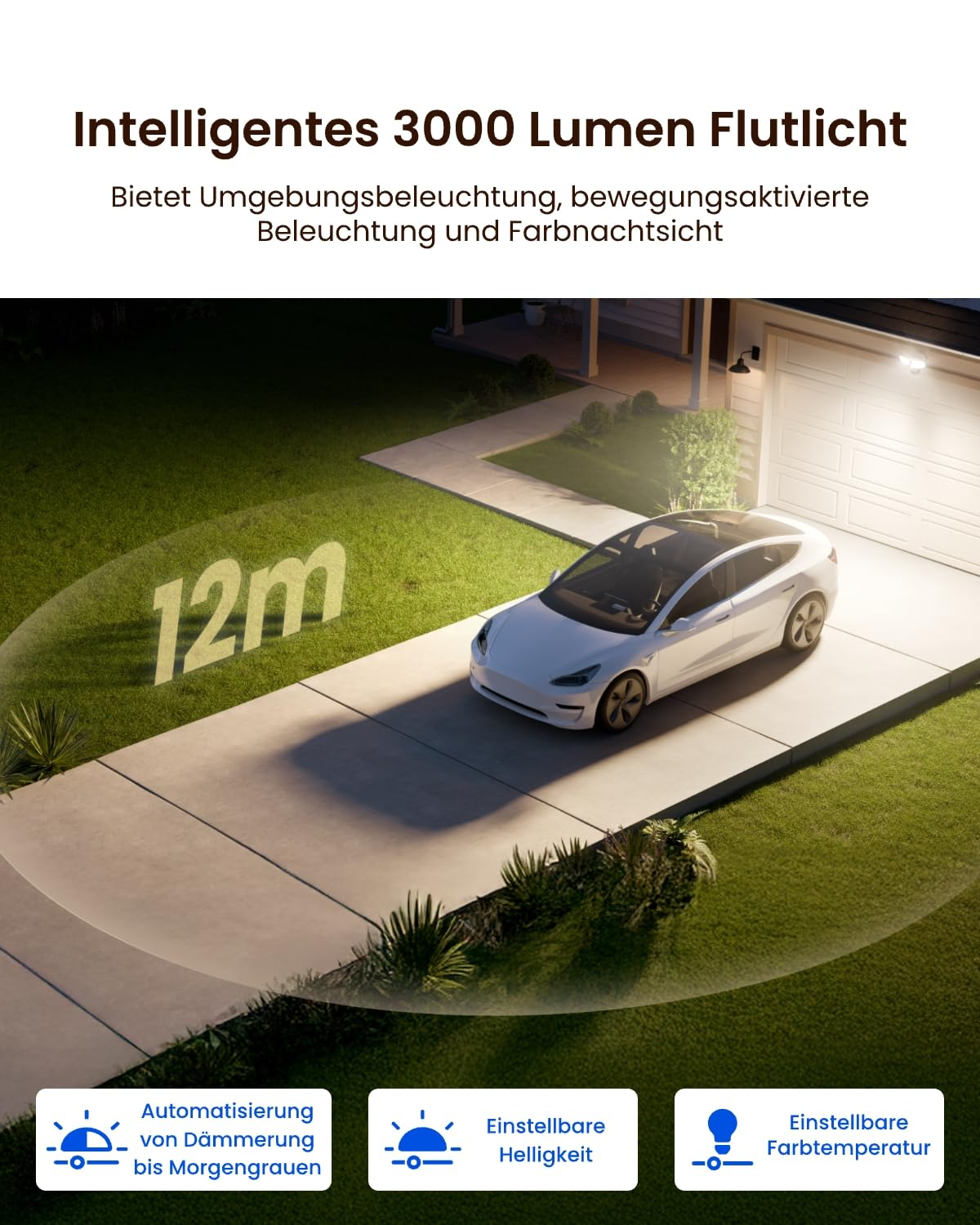 Faretto illumina auto bianca su vialetto con raggio di 12m e icone in basso.