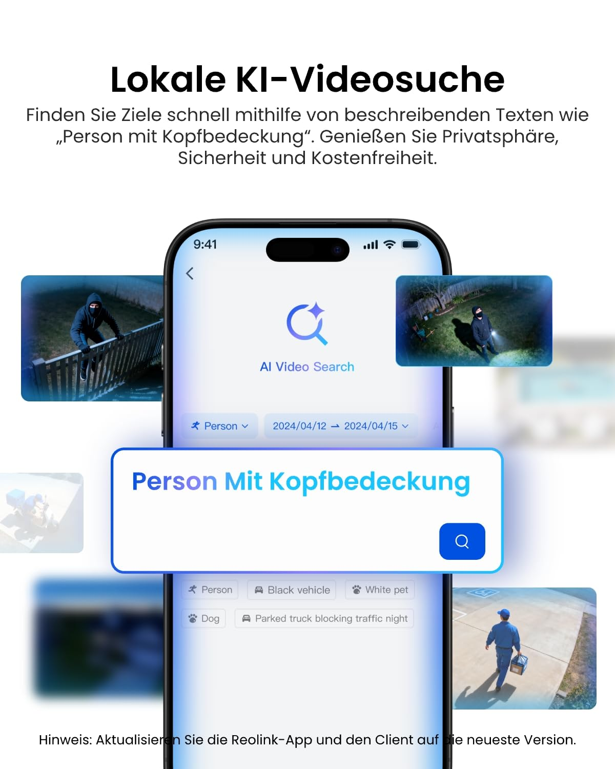 Lo schermo dello smartphone mostra un'app di ricerca video IA locale con miniature.